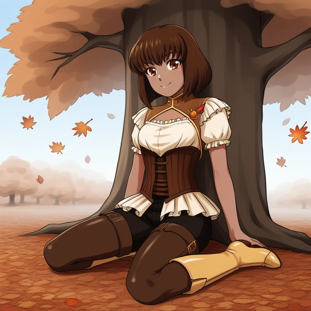 score_9, score_8_up, score_7_up, score_6_up, score_5_up, score_4_up, zPDXL2,source_anime,rating_questionable, 1girl, sitting on ground, below tree, smile, autumn, retro anime style, bishoujo,<lora:Amber_-_RWBY:0.8> Amber_RWBY, 1girl, brown hair, short hair, dark skin, jewelry,  thighhighs, corset, boots