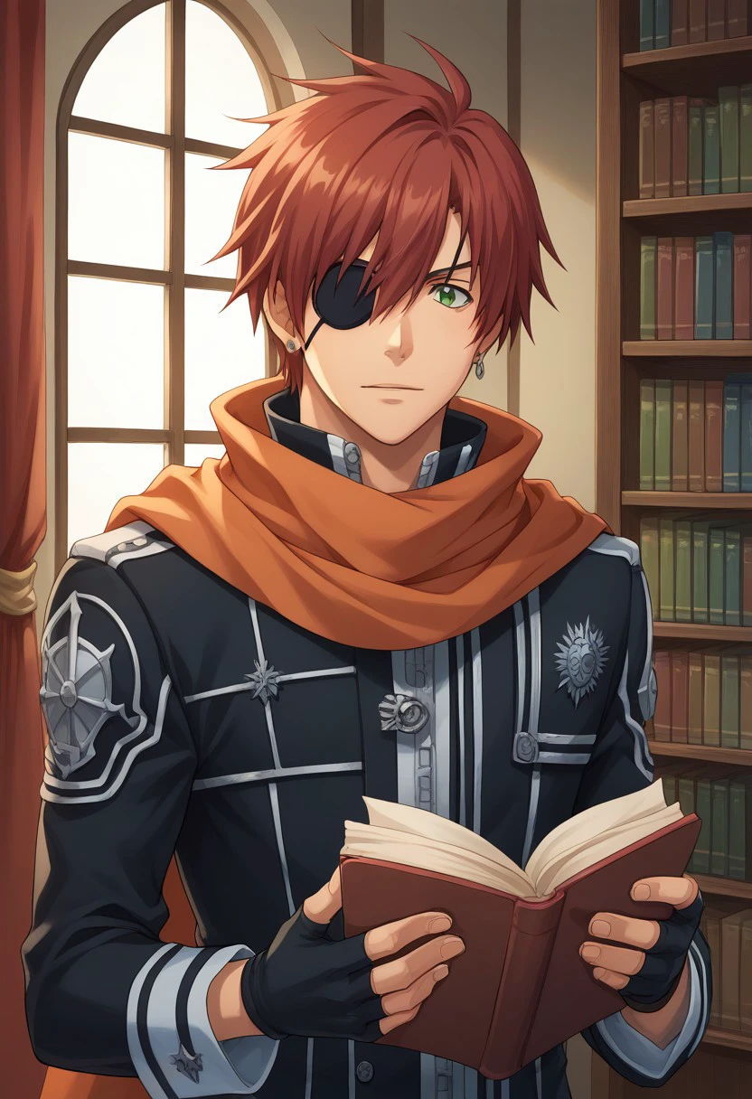 score_9, score_8_up, score_7_up, source_anime, highly detailed, 
lavidgray, solo, gloves, eyepatch, 1boy, fingerless gloves, male focus, jacket, red hair,
leather, scarf, earrings, jewelry, green eyes, exorcist uniform,
indoor, window, bookshelf, books, focused, upper body, reading,