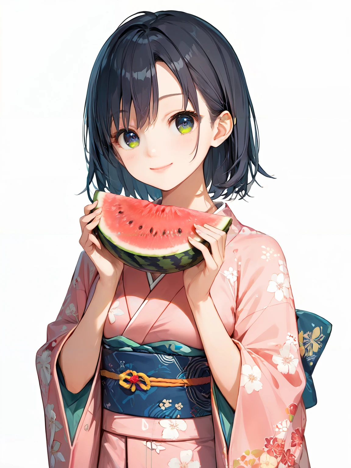 score_9, score_8_up, score_7_up,source_anime, high res image,masterpiece,best quality,woman,middle breasts,cute face,clear skin,shiny hair,ultra detailed eyes,simple background,  <lora:watermelon_pony_V1.0:0.8> watermelon, holding watermelon, smile,kimono <lora:kanzashi_pony_V1.0:1> kanzashi, hair ornament, hair bun