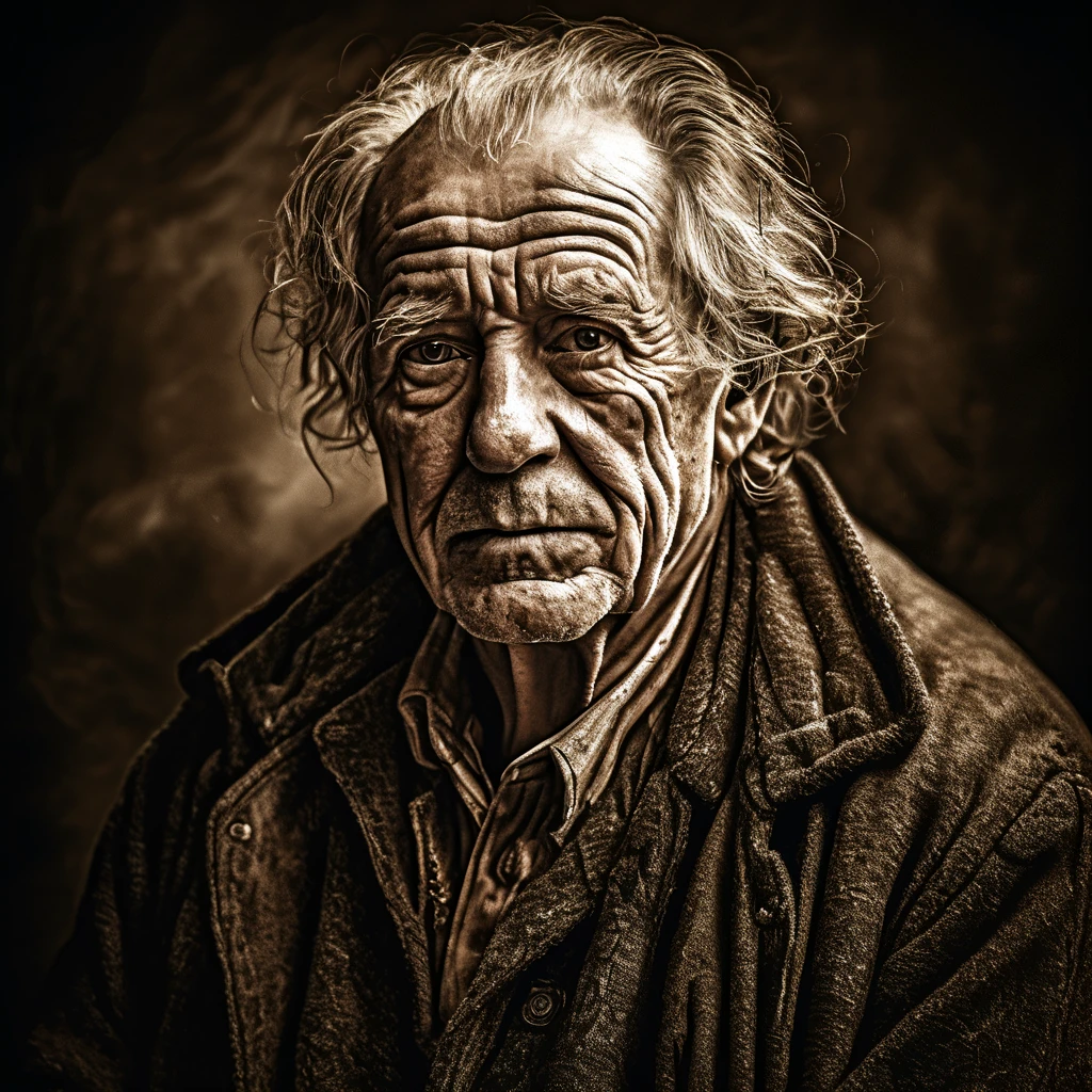 photorealistic, visionary portrait of a dignified older man with weather-worn features, digitally enhanced, high contrast, chiaroscuro lighting technique, intimate, close-up, detailed, steady gaze, rendered in sepia tones, evoking rembrandt, timeless, expressive, highly detailed, sharp focus, high resolution