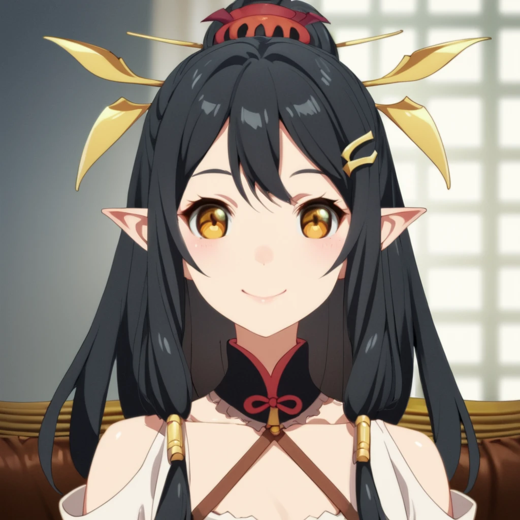 score_9, score_8_up, score_7_up, score_6_up, score_5_up, score_4_up, source_anime,  Tio, yellow eyes, pointy ears, black hair, hair ornament, , smile, portrait