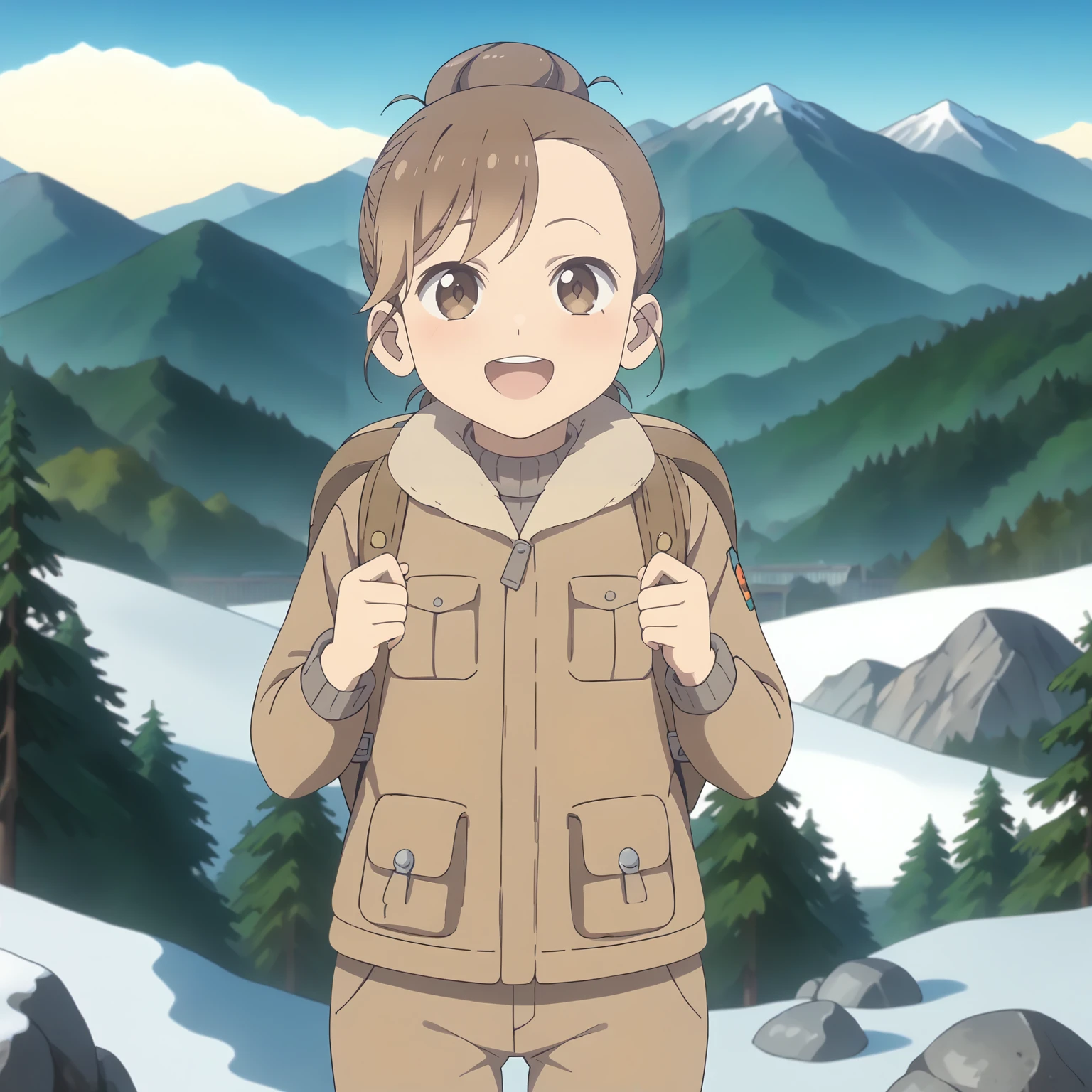 <lora:PH_MoeXLpony001>,
looking at viewer,smile,open mouth,
solo,
Moe,1girl,brown hair,hair bun,brown eyes,
winter jacket,cargo_pants,backpack,
outdoors,mountain climbing,mountain,sky,nature,rock,plant,