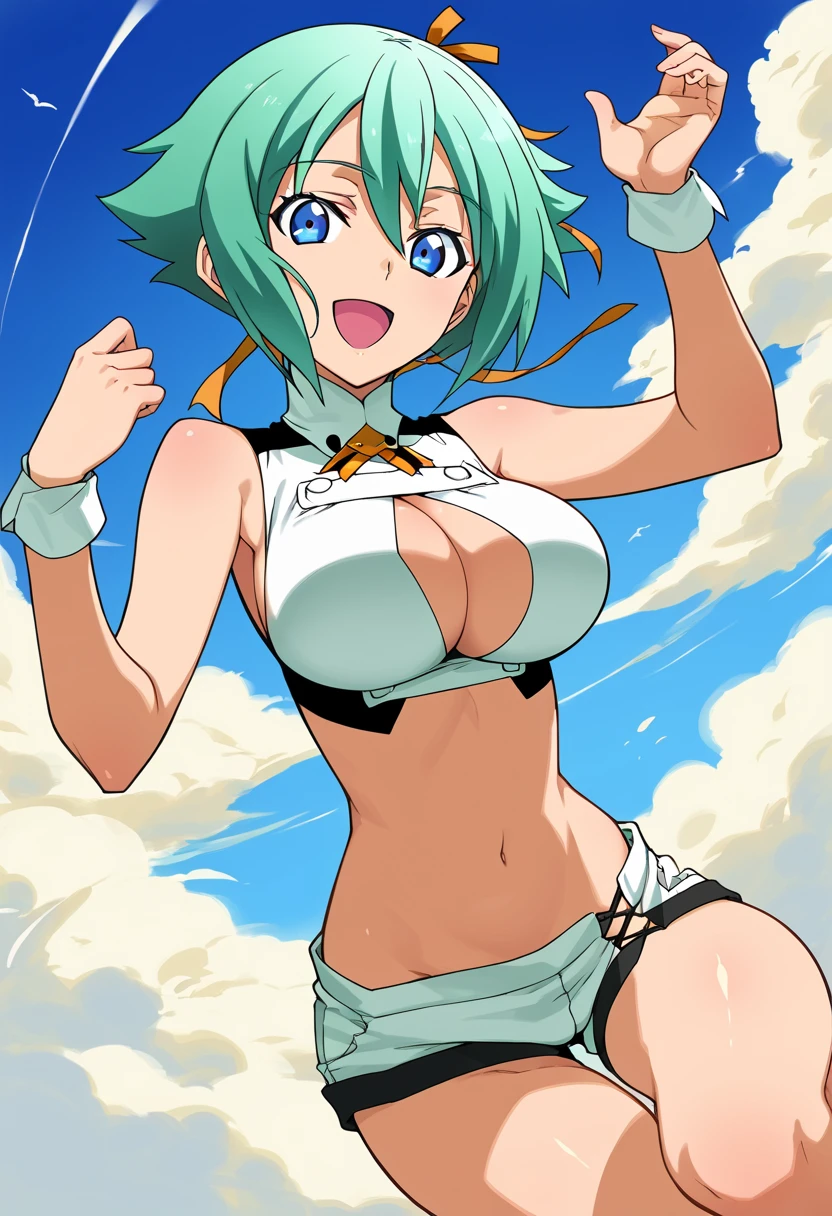 score_9, score_8_up, score_7_up, source_anime BREAK 1girl, solo, evol_zessica, crop top, cleavage cutout, navel, short shorts, wrist cuffs, large breasts, wheatish skin, green hair, short hair, hair ribbon, blue eyes, looking at you, smile, open mouth, jumping, sky background <lora:evol_zessica:1>