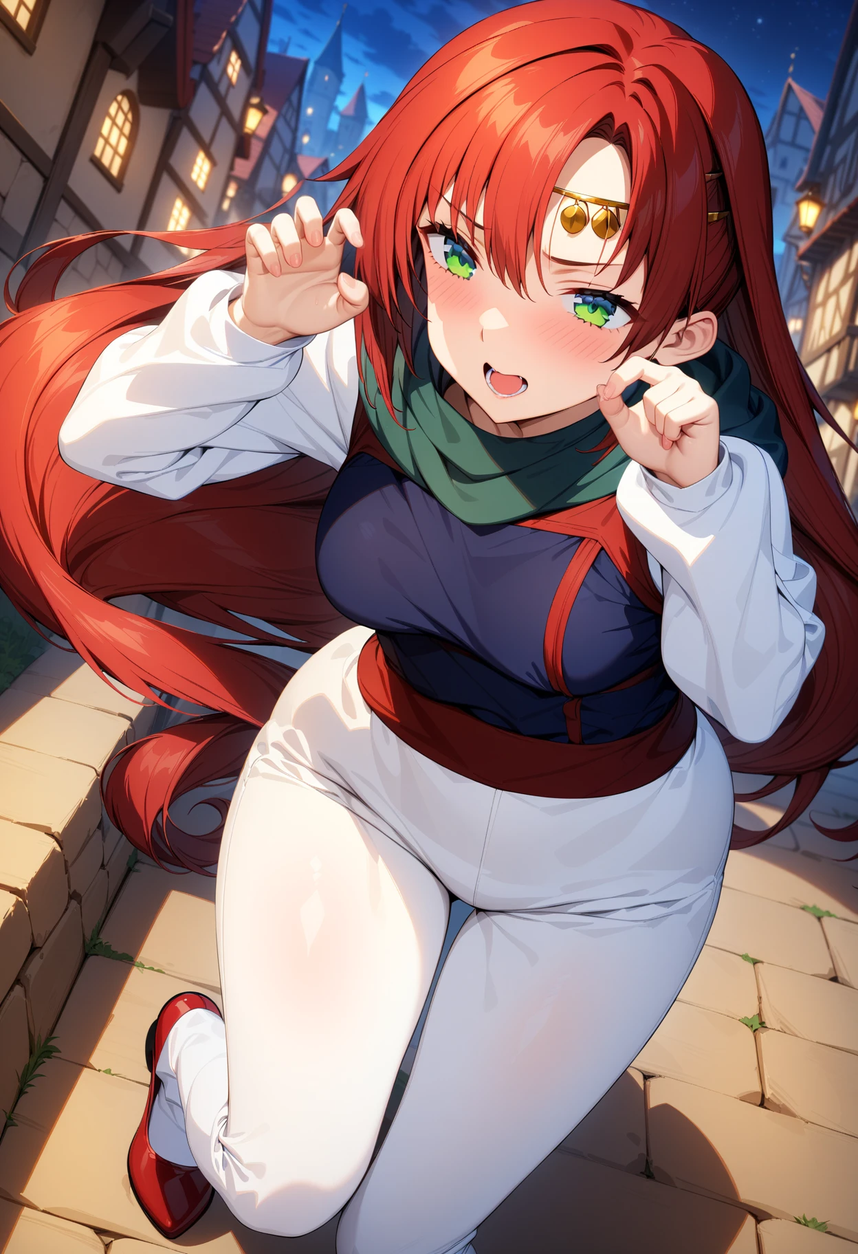 (masterpiece:1.2),best quality,very aesthetic,absurdres,1girl,girl,<lora:elenoa_ran_v3_1:1>,elenoa_ran,circlet,02clothes,red hair,very long hair,green eyes,navy blue scarf,blue clothes,white sleeves,white pants,red shoes,<lora:Fixhands_anime_bdsqlsz_V1:1>,
light_blush,embarrass,medieval cityscape,looking_at_viewer,dynamic_angle,cinematic_angle,(night:1.2),stars,full body,claw_pose,, masterpiece,best quality, very aesthetic, absurdres, ultra detailed, high resolution, 4k, extremely detailed CG,