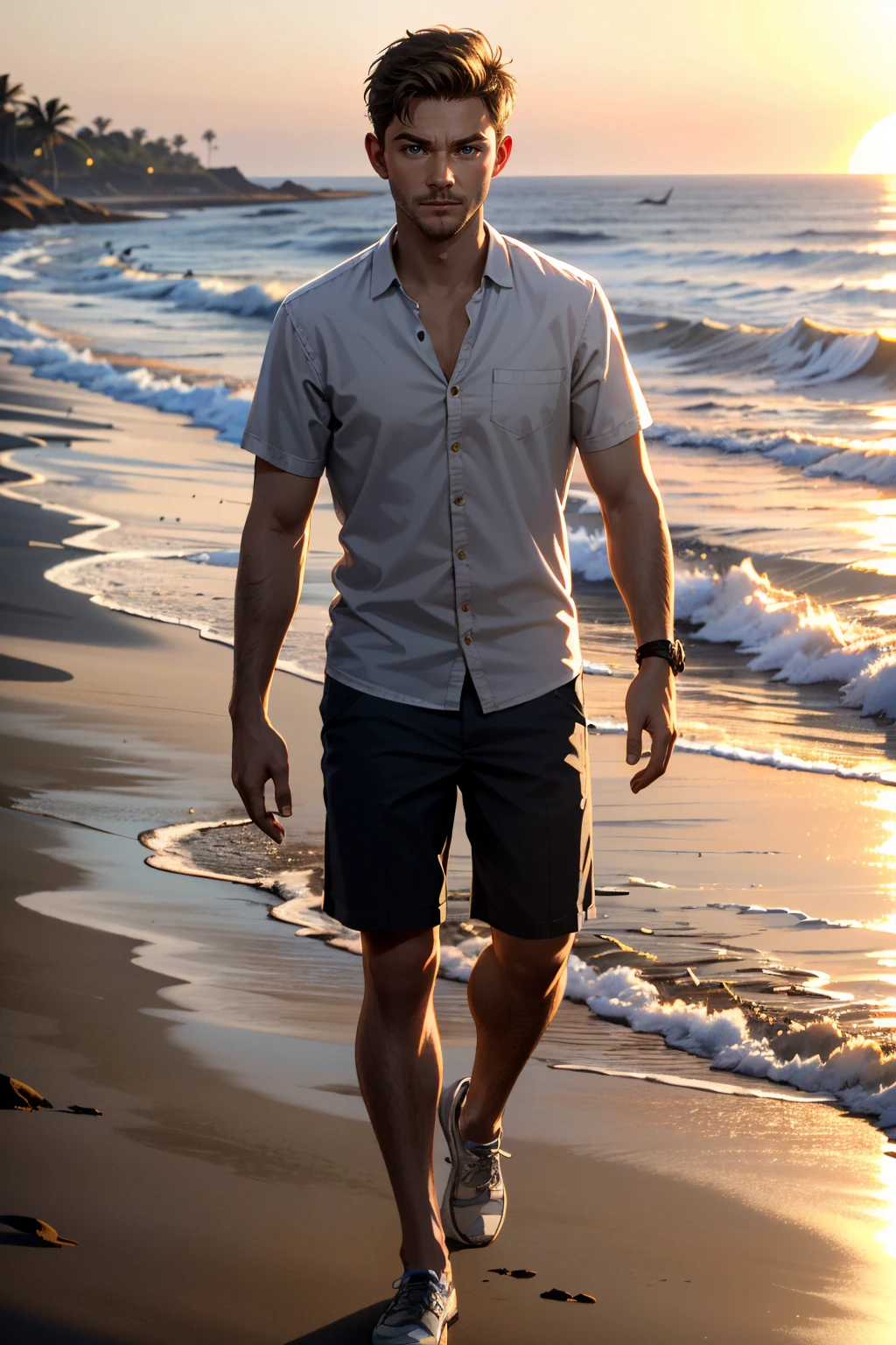 ((ultra detailed, masterpiece, absurdres))
 <lora:MOMConrad:0.8>
MOMConrad, 1boy, short hair, blonde hair, looking at viewer, walking along a sandy beach at sunset, with waves crashing in the background