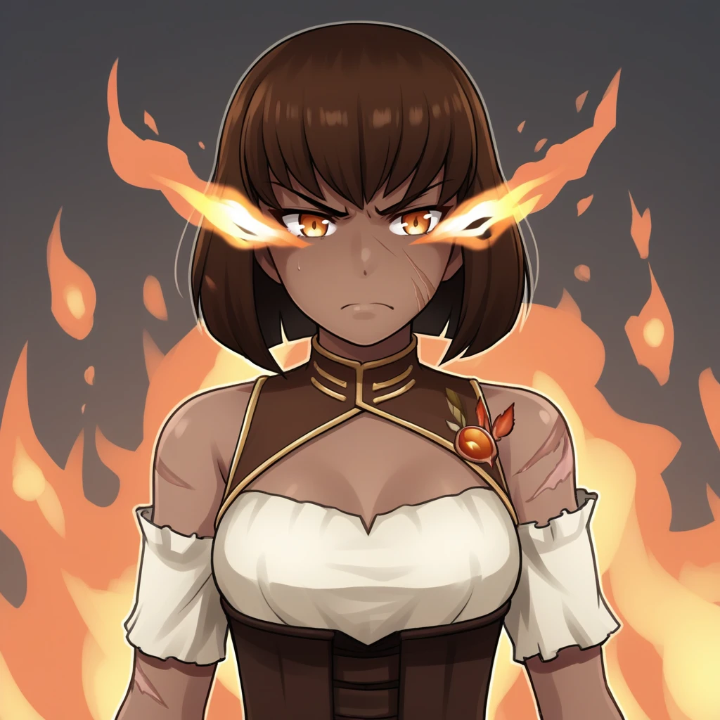 score_9, score_8_up, score_7_up, score_6_up, score_5_up, score_4_up, zPDXL2,source_anime,rating_questionable, 1girl, solo, scowl, fire, on fire, scars, <lora:Amber_-_RWBY:0.7> Amber_RWBY, 1girl, brown hair, short hair, dark skin,bare shoulders, curvy