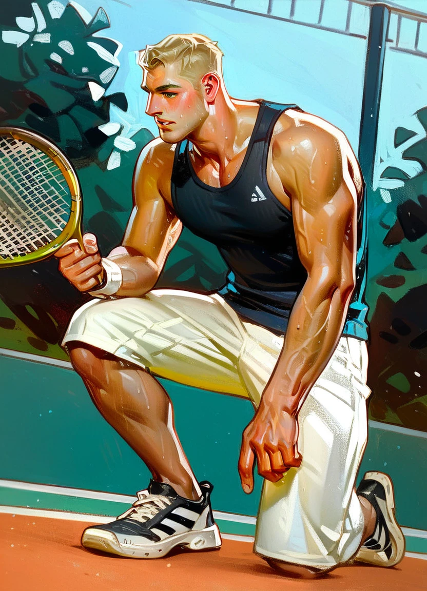 score_9, score_8_up, score_7_up, score_6_up, score_5_up, score_4_up, leyendecker, 1boy, solo, male focus, nose, tank top, athletic shoes, close up, tennis court, highres, outdoors