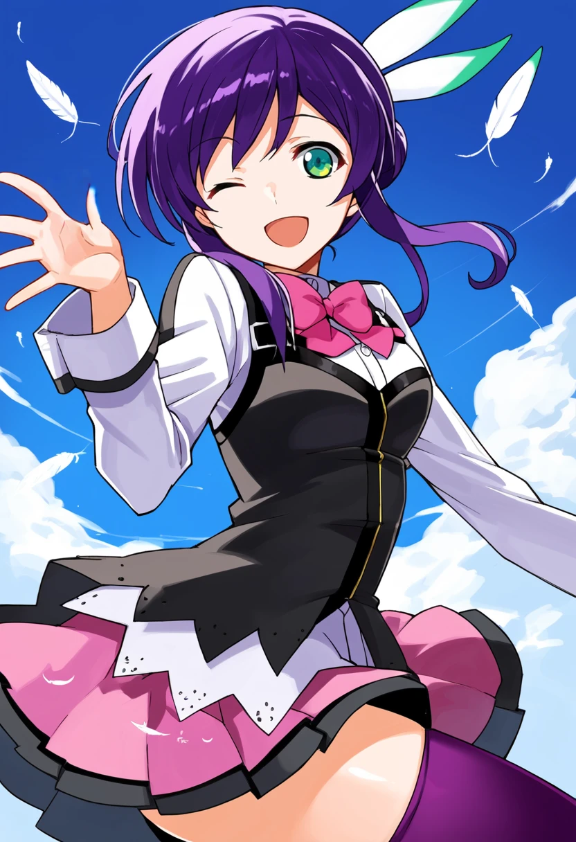 score_9, score_8_up, score_7_up, source_anime BREAK 1girl, solo, evol_mikono, cowboy shot, raise one leg, school uniform, pink bowtie, white long sleeves, skirt, purple thighhighs, purple hair, feather hair ornament, short hair with long locks, single hair bun, gradient eyes, blue eyes, green eyes, looking at you, smile, one eye closed, open mouth, blue sky background <lora:evol_mikono:1>