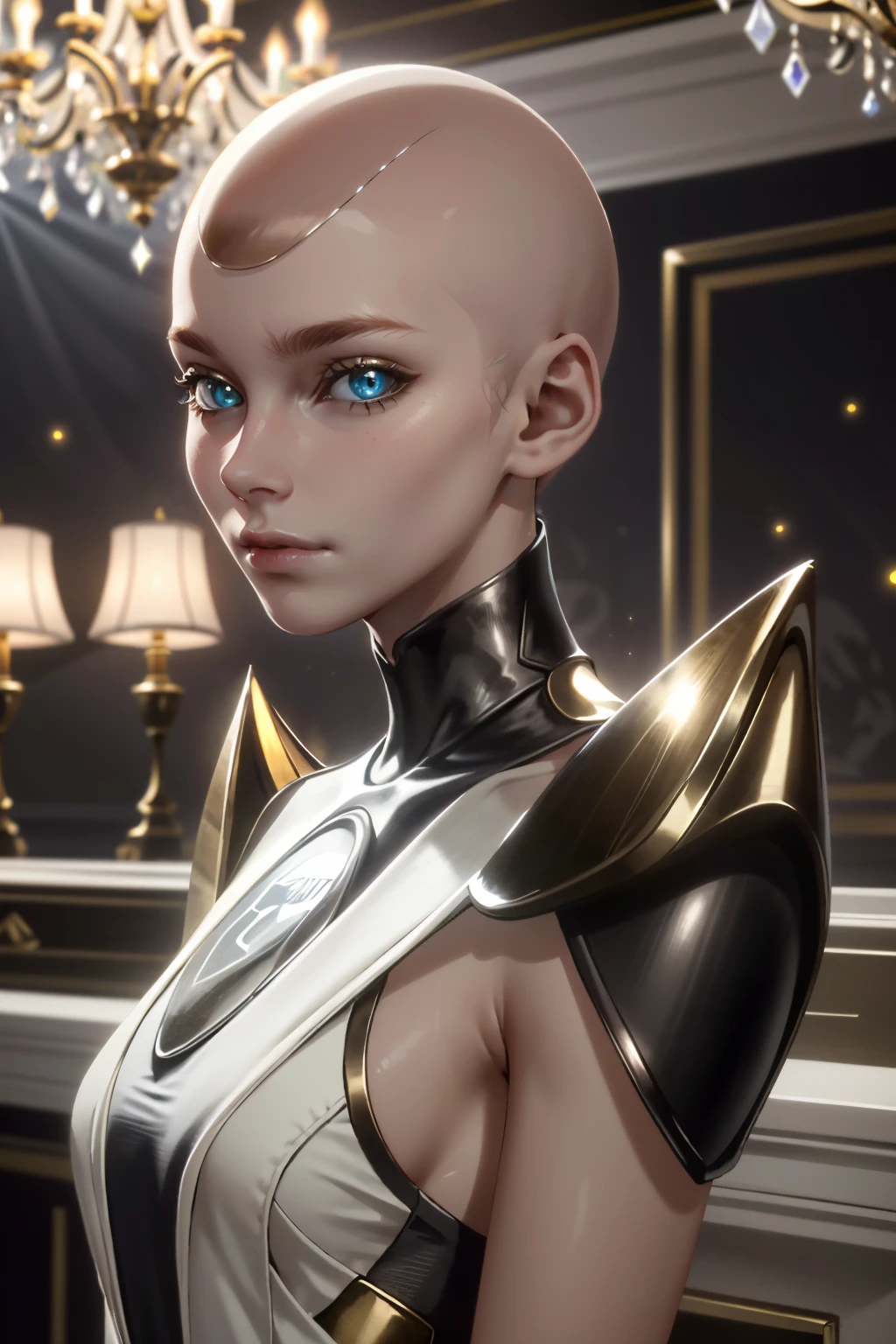 ((ultra detailed, masterpiece, absurdres))
 <lora:MKKronika:0.8>
MKKronika, 1girl, bald, simple background, looking at viewer, headshot of a glamorous model, sparkling evening dress, sophisticated studio setting, soft focus, elegant lighting