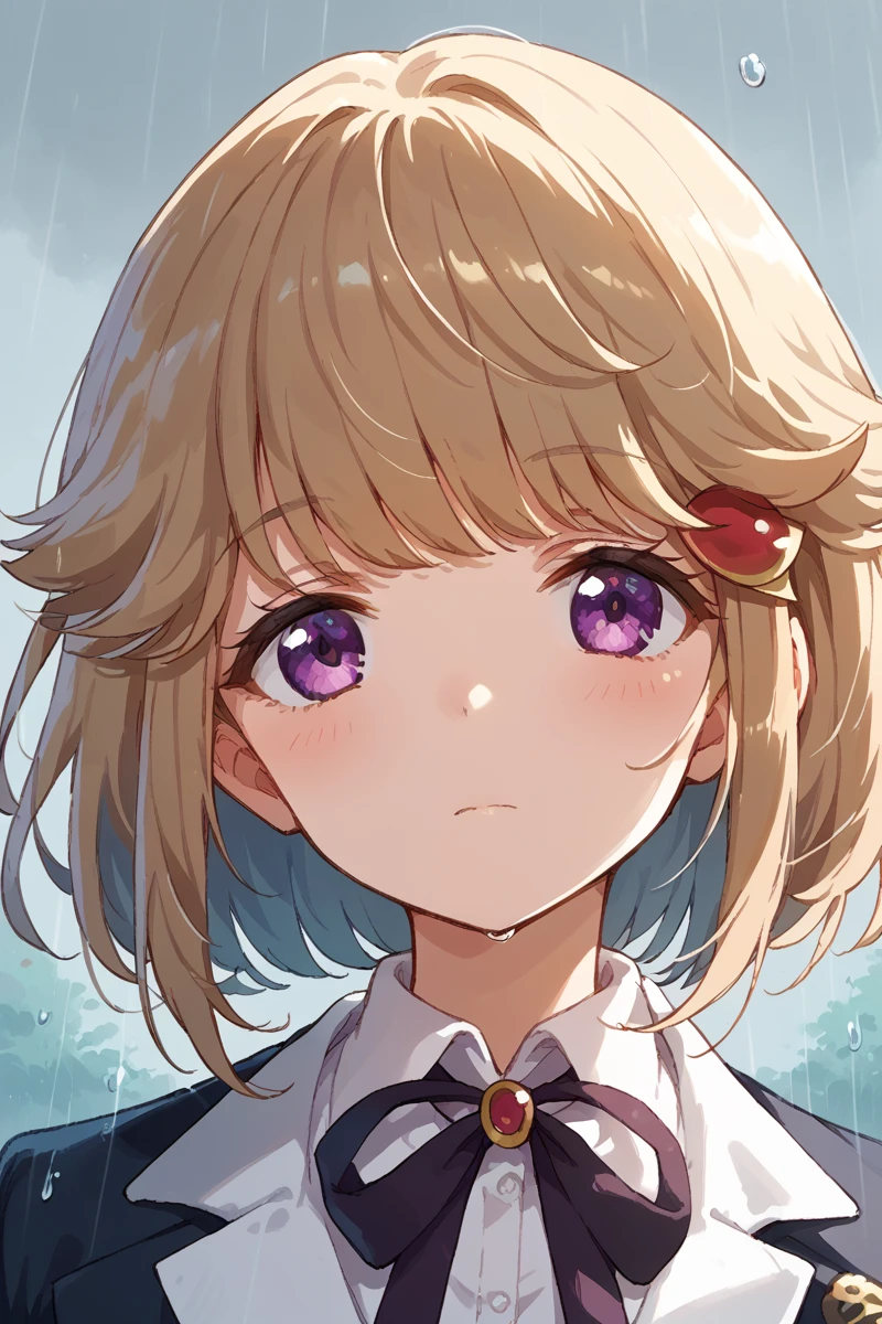 score_9, score_8_up, score_7_up, score_6_up, 1girl,
 <lora:Ryoko_Kobato:0.9> ryoko, solo, purple eyes, close-up, collared shirt, looking at viewer, shirt, hair ornament, neck ribbon, ribbon, closed mouth, white shirt, black ribbon, bangs, rain