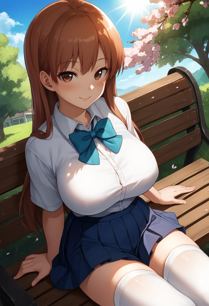 score_9, score_8_up, score_7_up source_anime BREAK 1girl, solo, looking at viewer, 
<lora:DaisyDqDwnsty:1>, daisydq, brown eyes, brown hair, long hair, white shirt, collared shirt, bowtie, pleated skirt, blue skirt, school uniform, white thighhighs, outdoors, sunlight, school yard, cherry blossoms, blue sky, bench, outdoors, sunlight, school yard, cherry blossoms, blue sky, bench, sitting, on bench,
large breasts, smile, blush,