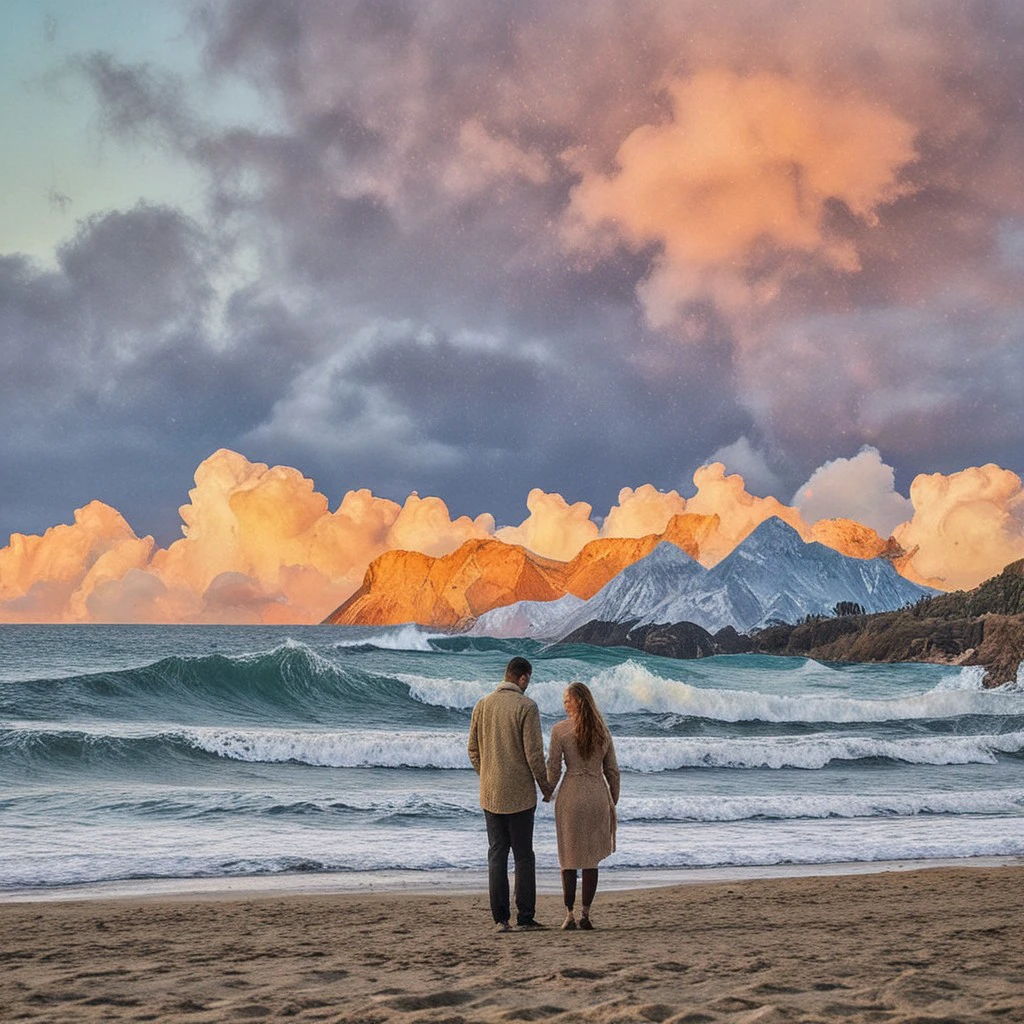 woman, man, sunset, beach, waves, sky, cloud, colorful