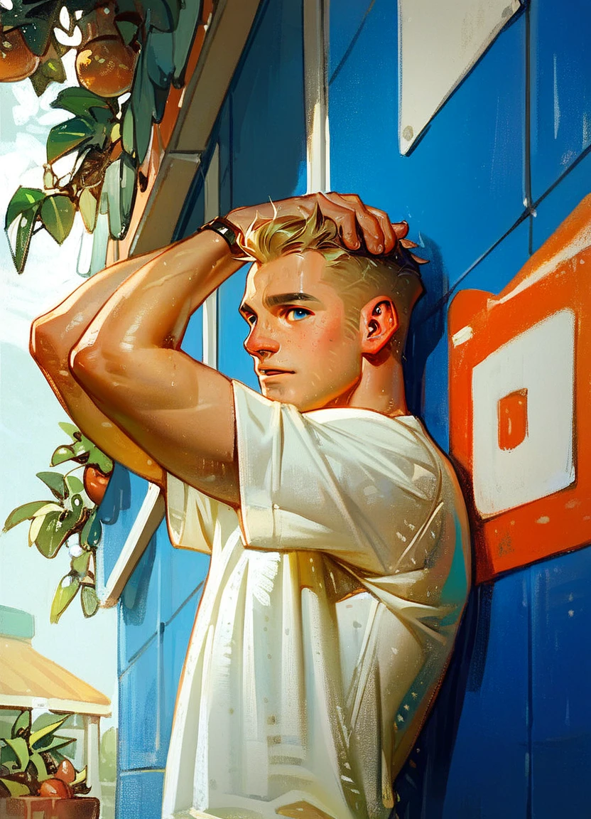 score_9, score_8_up, score_7_up, score_6_up, score_5_up, score_4_up, leyendecker, 1boy, solo, male focus, outdoors, nose, t shirt, arms crossed, shop, close up