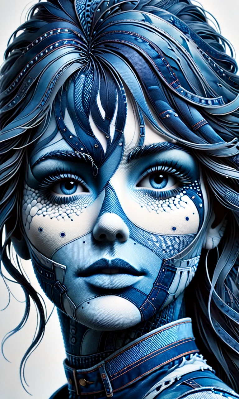 woman's face made of denim. Depth of field, professional, highly detailed dynamic lighting, photorealistic, 8k, raw, rich, intricate details, vivid colors <lora:denimv12-000010:1.5>