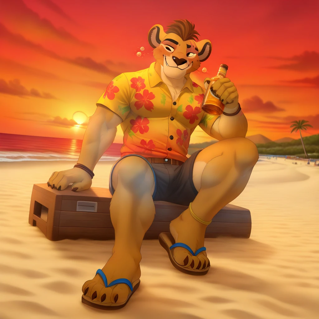 (((Barefoot furry character, full body, cinematic setting, furry male, anthro, plantigrade))), (((Kion))), older Kion, scar on left eye, bara, solo, in a (((yellow Hawaiian shirt))) with green or purple pattern, wearing shorts, leather bracelets, leather anklets, nice feet paws, feet towards the viewer, feet POV, (((brown toe loop sandals))), (((shoeplay))), (((his feet playing with sandals))), dynamic pose, smile, drinks whiskey, (((drunk))), sleepy, sitting on beach, near beach bar, (((sunset))), (((outdoors))), focus on feet paws, (((dutch angle))) BREAK, intricate details, highly detailed, extreme detail, octane render, fine art, best quality, highres, (detailed face:1.5), ((full_body)), UHD, (((perfect hands))), low light, anime