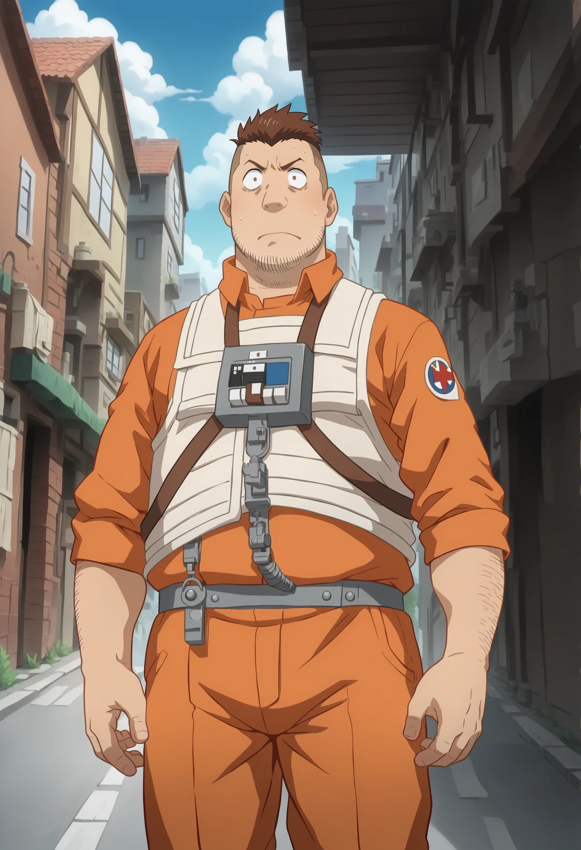 score_9, score_8_up, score_7_up, score_6_up, (rebelpilotsuit, solo,orange pants,white vest),perfect anatomy, perfect proportions, best quality, masterpiece, high_resolution, high quality, aesthetic, absurdres, (male focus), solo male, Heymans Breda \(Fullmetal Alchemist\), brown hair, short hair, (dark eyes, sanpaku, constricted pupils), (calm eyes, droopy eyes), facial hair, stubble, chubby, (blue pants), adult, mature, masculine, manly, handsome, charming, alluring, standing, upper body, (dutch angle), cowboy shot, from below,
street,dark alley,scenery,trashcan,
<lora:Berthault_Heymans_Bredas_XL>
,<lora:RebelPilotPony-000026>