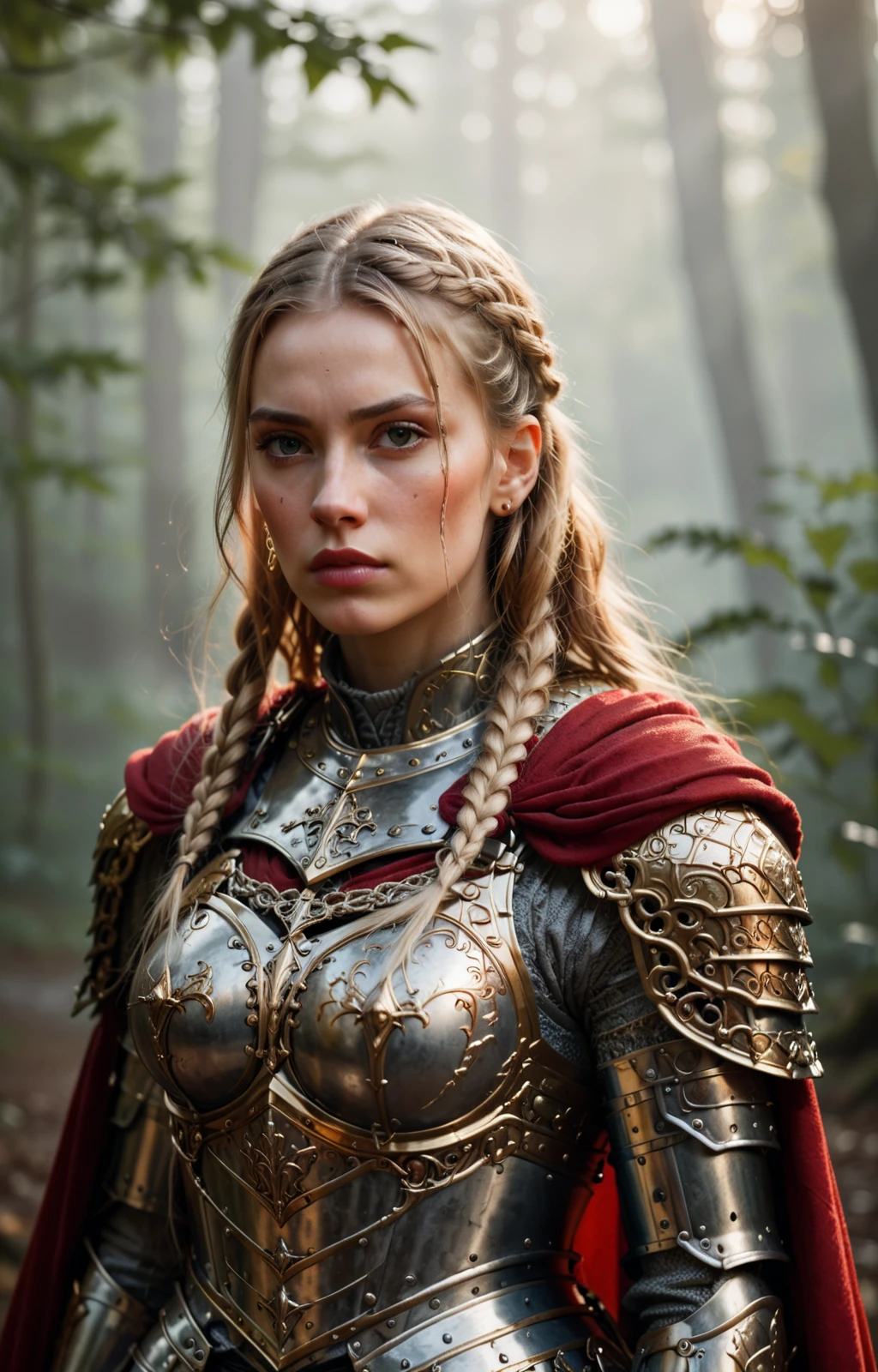 A realistic portrait of a warrior woman with long blonde hair styled in braids, wearing ornate medieval armor and a red cape. The armor features intricate gold details and a high collar. She stands in a misty forest with blurred orange lights in the background, adding a mystical ambiance. Her expression is serious and focused, and the overall lighting emphasizes the texture and details of her armor and cape.