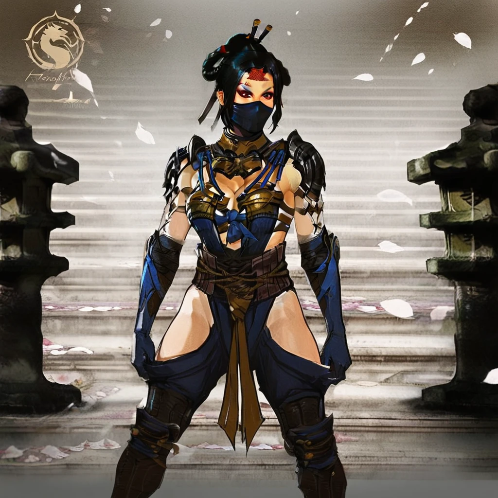 1girl, solo, breasts, black hair, gloves, cleavage, medium breasts, elbow gloves, hair bun, armor, mask, shoulder armor, ninja mask, hip vent, eyeshadow, hair ornament,