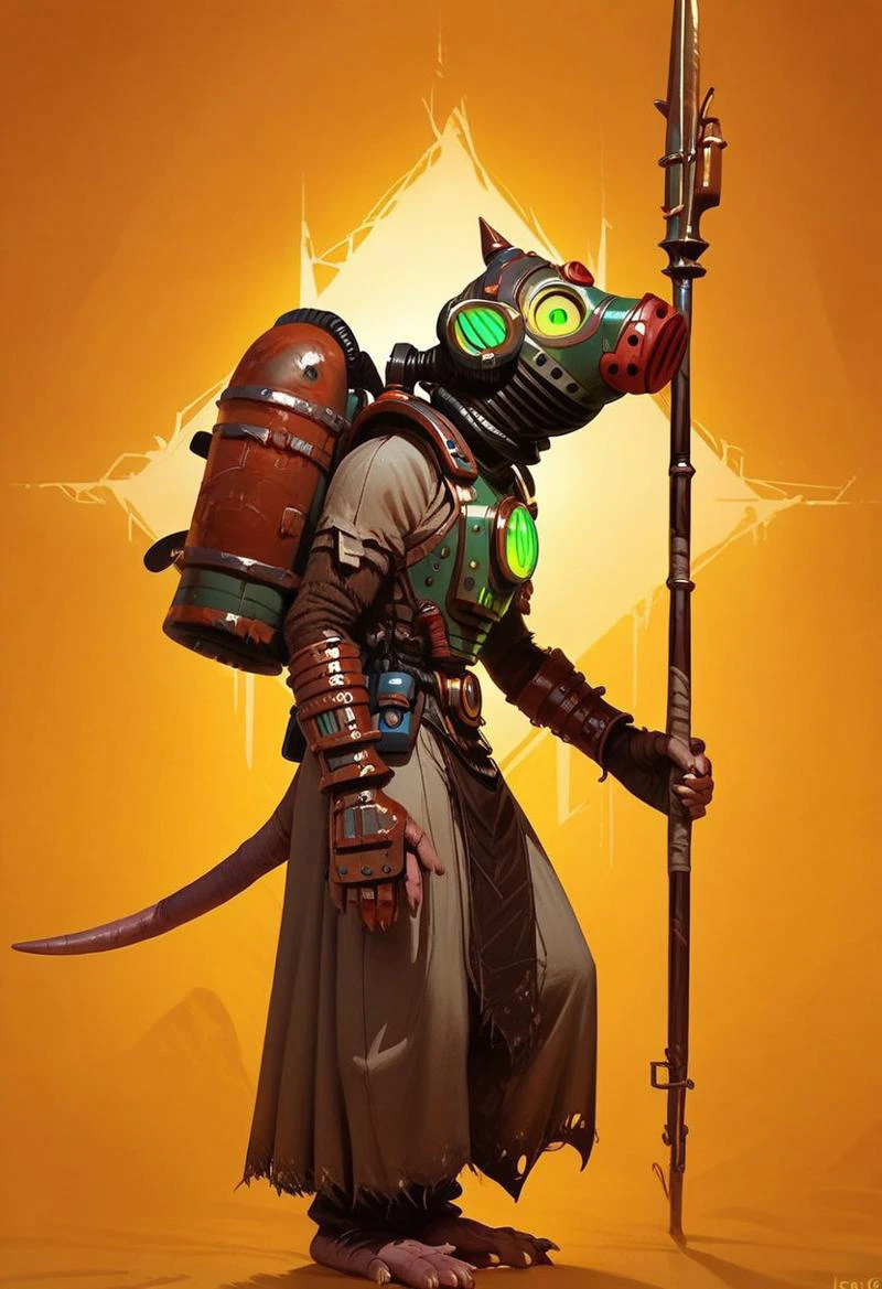 score_9, score_8_up, score_7_up, score_6_up, 1 anthro rat male, wearing engineer armor with gas mask, brown fur, bald,  fullbody, looking at viewer, (cave glowing background), 3/4 side view, full body view, standing, holding big spear in hand