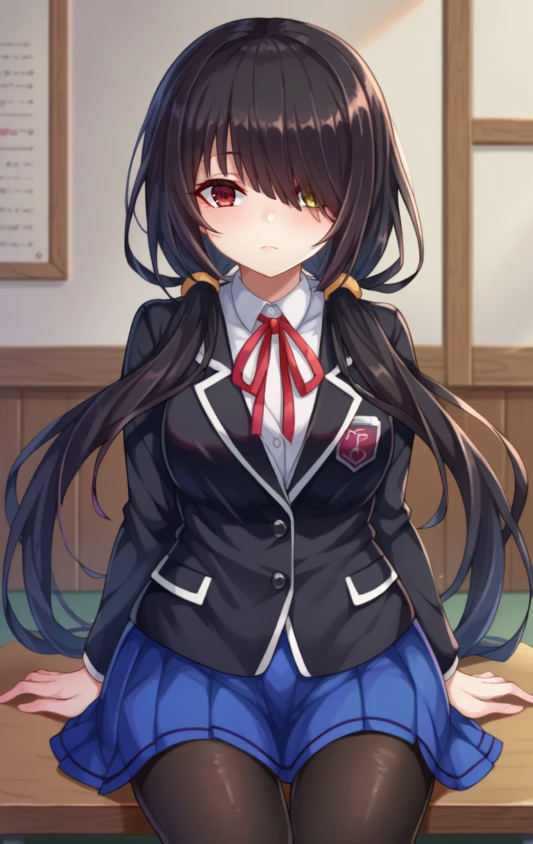 score_9,score_8_up,score_7_up BREAK <lora:tokisakikurumi:0.9>,tokisakikurumiSDXL,1girl,long hair,skirt,black hair,red eyes,yellow eyes,long sleeves,ribbon,twintails,school uniform,jacket,pantyhose,pleated skirt,heterochromia,hair over one eye,red ribbon,blue skirt,black jacket,black pantyhose,neck ribbon,blazer,tokisaki kurumi,cowboy shot,room,room background, sitting,