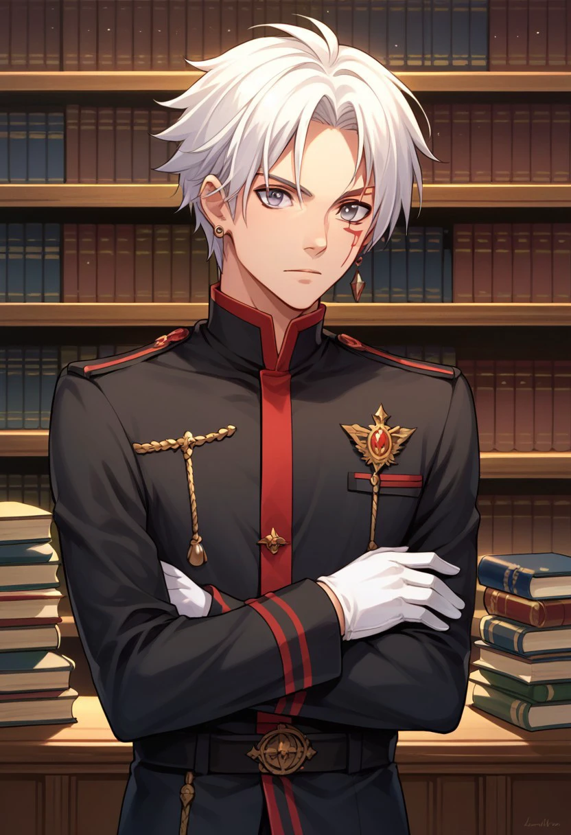 score_9, score_8_up, score_7_up, source_anime, highly detailed, 
allenwalker, 1boy, male focus, solo, gloves, uniform, white hair, military, earrings, grey eyes, jewelry, white gloves, crossed arms, facial mark, military uniform, slender, skinny
indoor, bookshelf, books,