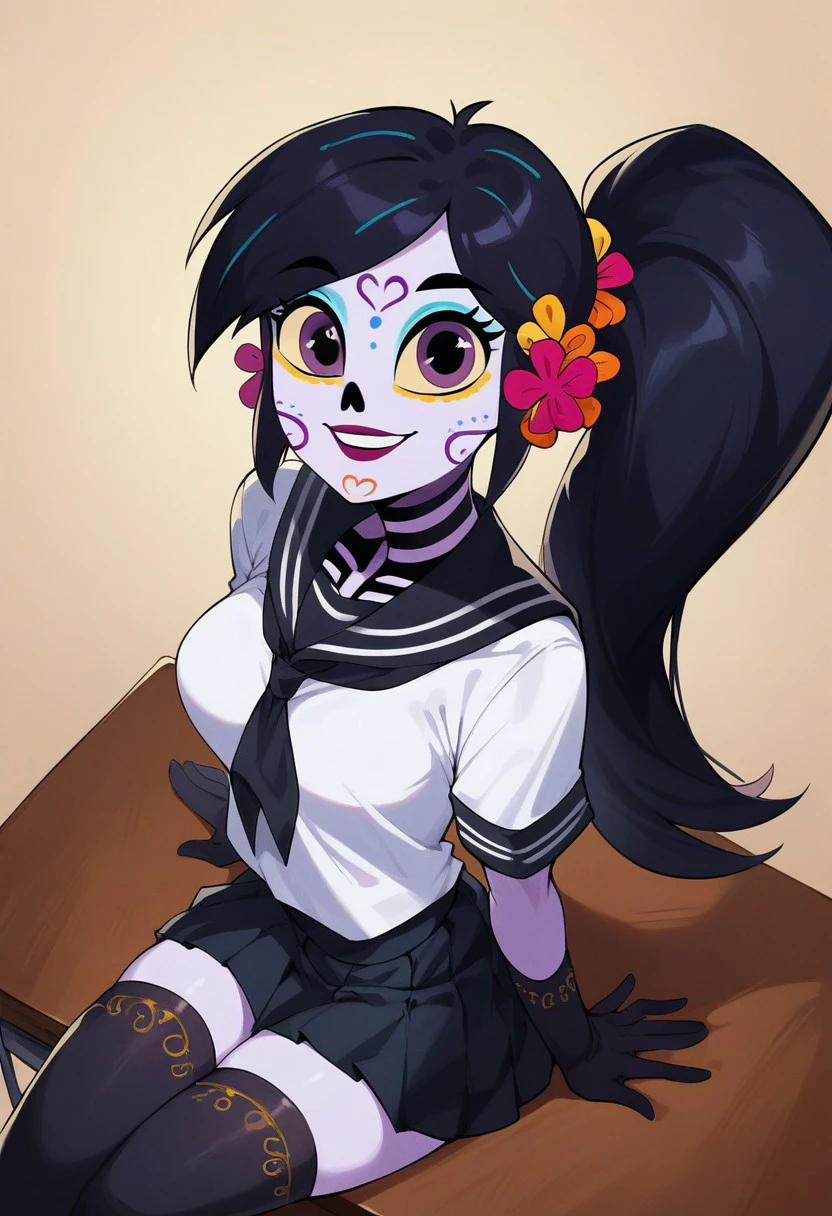 score_9, score_8_up, score_7_up, 1girl, solo, Catalina la catrina, black hair, ponytail, hair flower, yellow sclera, purple skin, purple eyes, makeup, bodypaint, medium breasts, serafuku, white shirt, black skirt, pleated skirt, choker, black gloves, elbow gloves, thighhighs, sitting on desk, classroom, cowboy shot, dynamic angle, looking at viewer, [smirk], [[from above]]