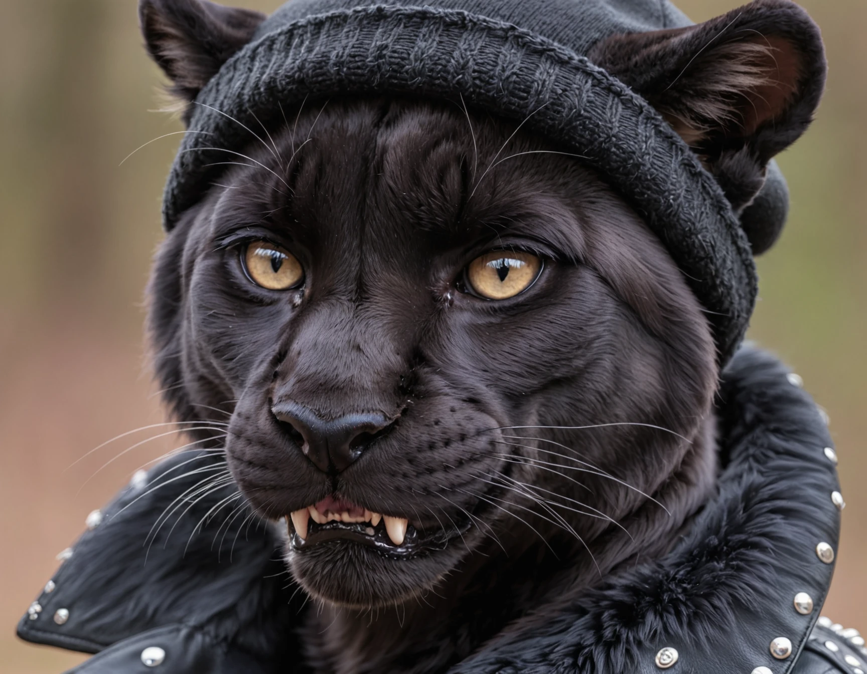 closeup photo anthro female panther wearing a coat, detailed black furskirt, and beanie, fangs