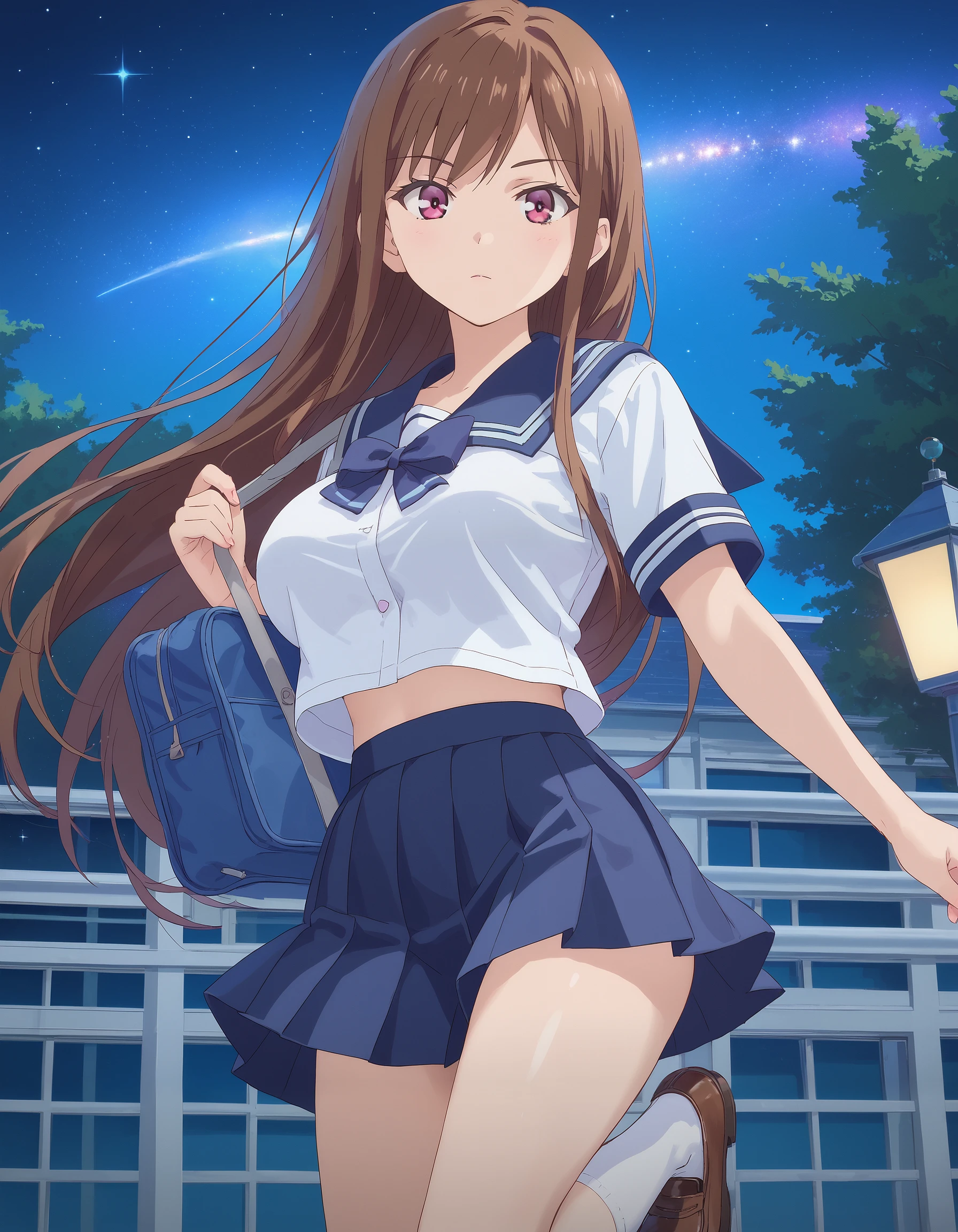 score_9, score_8_up, score_7_up, masterpiece, absurdres, source_anime, perfect anatomy,

1girl, solo,

AyaneShirakawa, long hair, brown hair, bangs, pink eyes, big breast,
school uniform, white blouse, blue sailor collar, mini skirt, blue skirt, white socks, brown shoes,

outdoors, school,
night, starry sky, looking at viewer, cowboy shot,