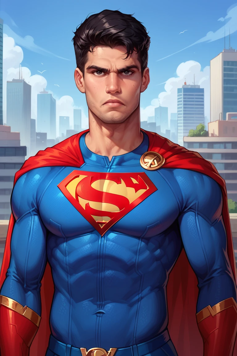 score_9, score_8, score_7,1boy, dressed as SUperman, solo male, city, slim, serious, black eyes<lora:EMS-445663-EMS:1.000000>