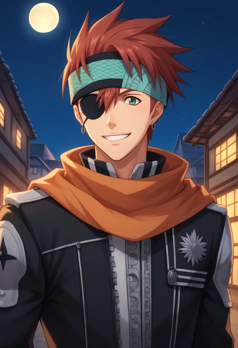 score_9, score_8_up, score_7_up, source_anime, highly detailed, 
lavidgray, solo, gloves, eyepatch, 1boy, fingerless gloves, male focus, jacket, red hair, headband, upper body,
leather, scarf, earrings, jewelry, green eyes, pants, belt, exorcist uniform,
ouytdoor, buildings, night, moon, smile, grin,