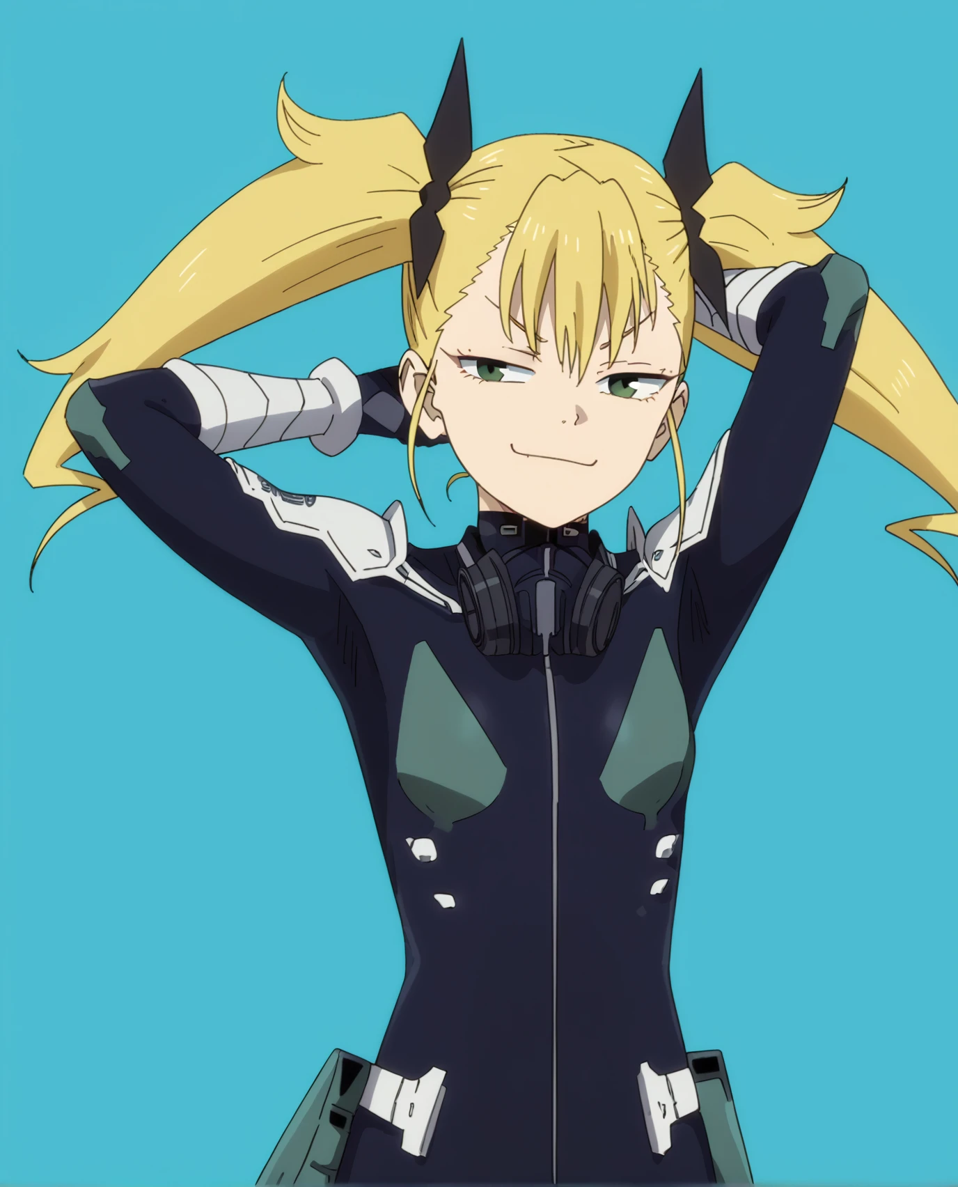 <lora:Shinomiya_Kikoru:1>, shinomiya kikoru, 1girl, blonde hair, twintails, simple background, bodysuit, standing, upper body, smug, one arm behind head,, score_9