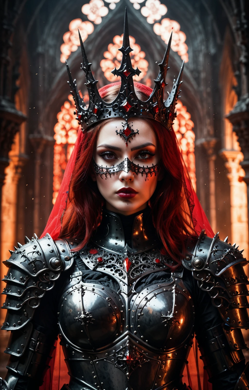 A dramatic and imposing portrait of a figure dressed in elaborate, gothic-inspired armor. The figure is adorned with a red veil and an intricate spiked crown, adding to the regal and fierce appearance. The mask covering the lower half of the face features detailed metalwork and spikes. The background showcases gothic architecture bathed in a fiery red light, with glowing embers floating in the air, creating a sense of intensity and power. The overall composition exudes a dark, mystical atmosphere. Captured with a high-quality DSLR camera using an 85mm f/1.4 lens to achieve exceptional sharpness and a beautifully blurred background.