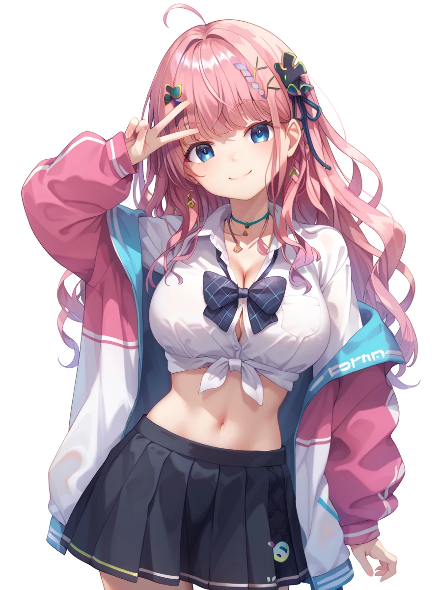 score_9, score_8_up, score_7_up, source_anime, zPDXL2, BREAK, closed mouth, light smile, cowboy shot, 1girl, solo, mrt2nd, blue eyes, pink hair, hair ornament, wavy hair, loose bowtie, tied shirt, white shirt, midriff, navel, jacket, black skirt, pleats skirt, <lora:kuramochi_meruto:0.72> v, medium breasts, large breasts, cleavage, standing, hanging breasts