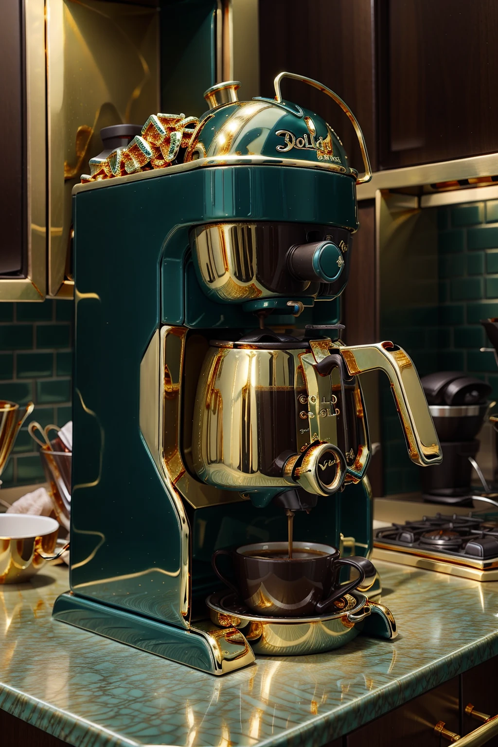 <lora:GoldTealWorld:1> GoldTealWorld  coffee machine in the kitchen