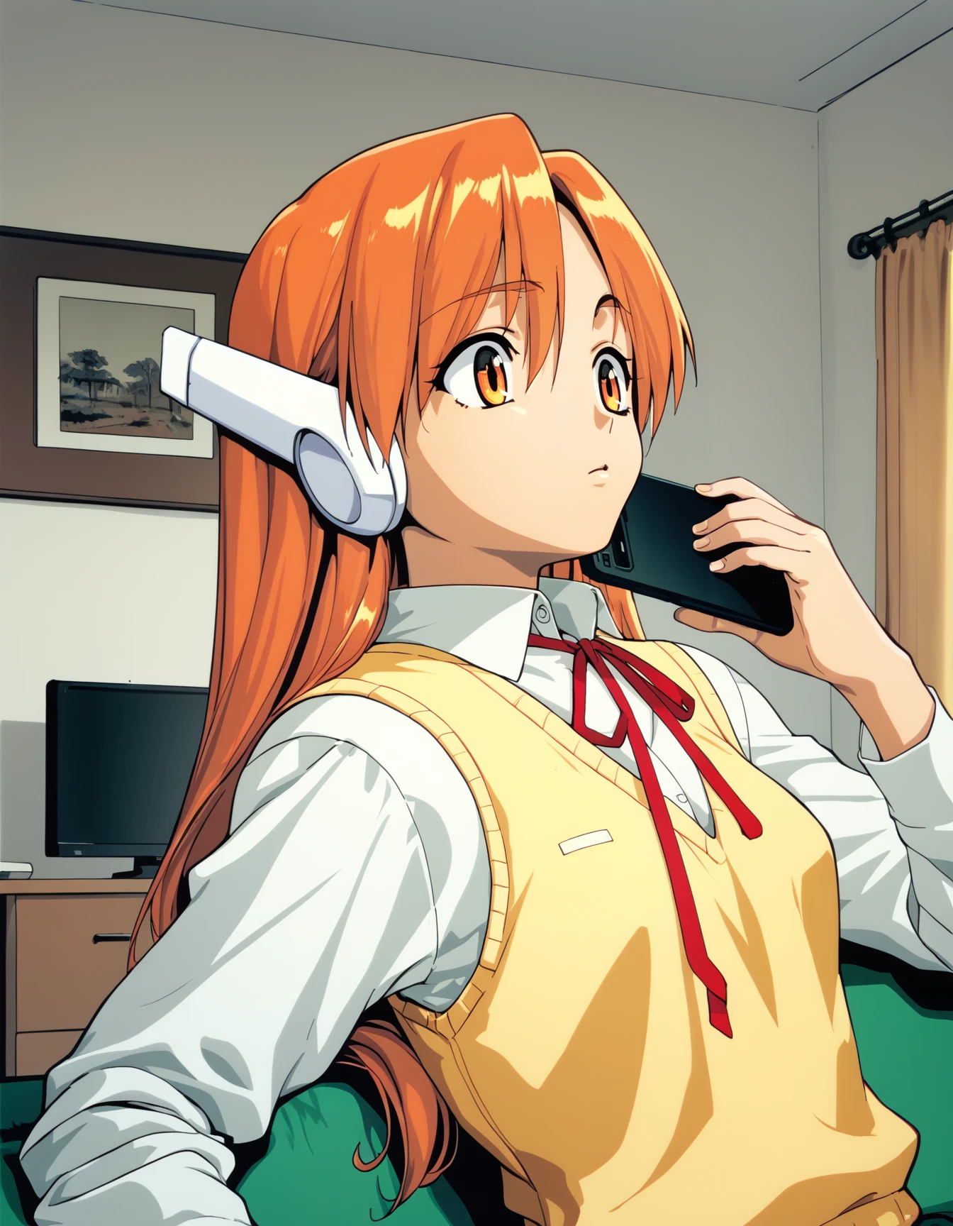 score_9,  score_8_up, score_7_up, <lora:to-heart-ponyxl:0.9> 1girl, solo, serio, long hair, orange hair, robot ears, sweater vest, yellow vest, white shirt, neck ribbon, looking at phone, looking down, living room, indoors, couch