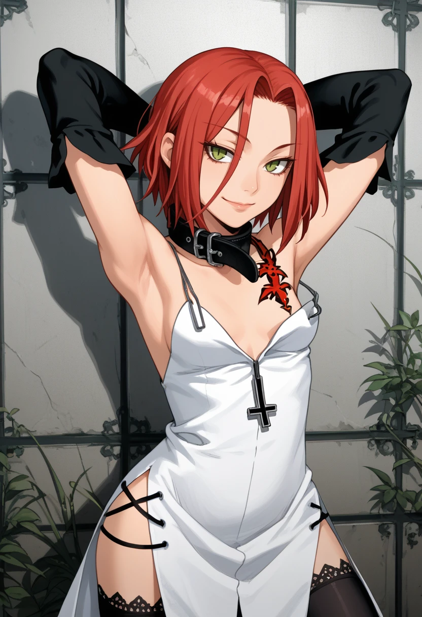 score_9, score_8_up, score_7_up, source_anime, BREAK, solo, 1girl, looking at viewer, smile, <lora:Haru-pdxl_Fp:1>, harudesu, red hair, green eyes, short hair, tattoo, collar, white dress, black gloves, thighhighs, cross, side slit, arms behind head,