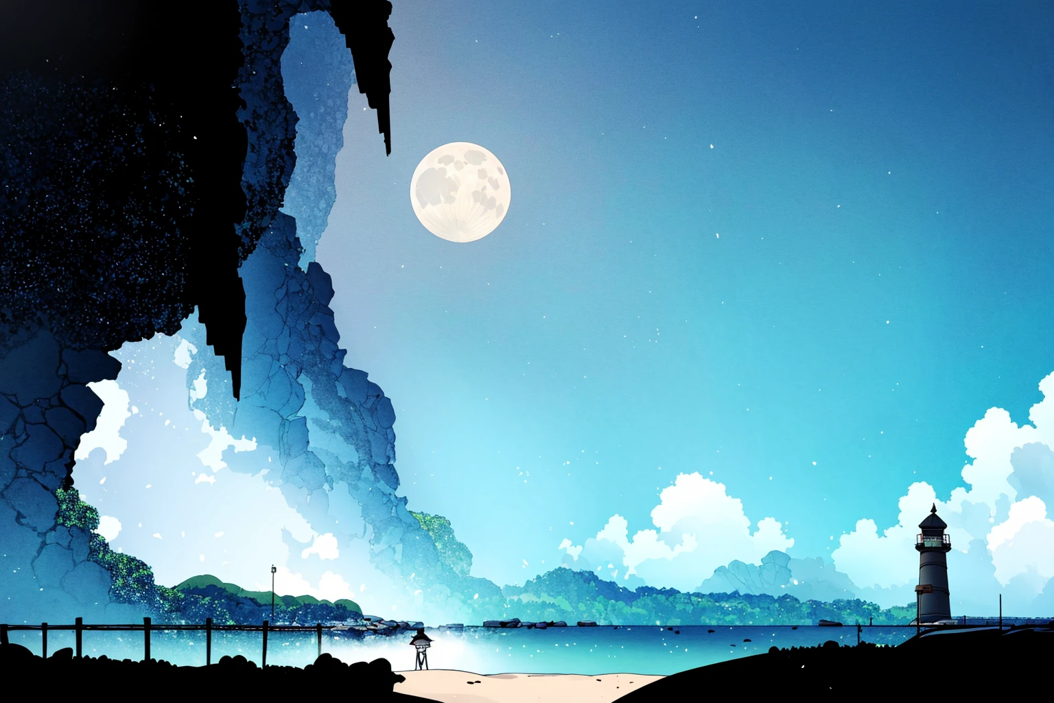 masterpiece, ultra-detailed, best quality, illustration, 8k cg wallpaper, an extremely delicate and beautiful, stunning landscape, beach, lighthouse, moon, stars, clouds, intricately detailed items in background, <lora:Hollow_Knight:1>