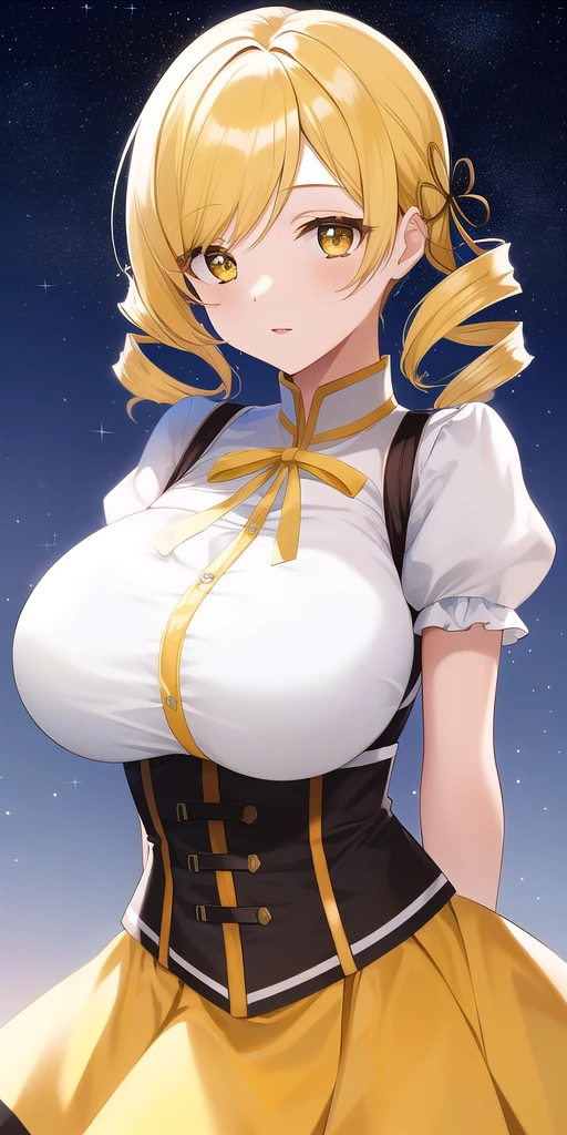 <lora:MamiTomoeV2:0.7> mamiTomoe_drill_sidelocks, huge_breasts, standing, solo, arms_behind_back, starry_sky, white_shirt_high_collar_puffy_short_sleeves_detached_sleeves_black_corset_yellow_neck_ribbon_yellow_miniskirt,, masterpiece, best_quality, detailed_face, detailed_eyes, highres, beautiful, detailed, absurdres,