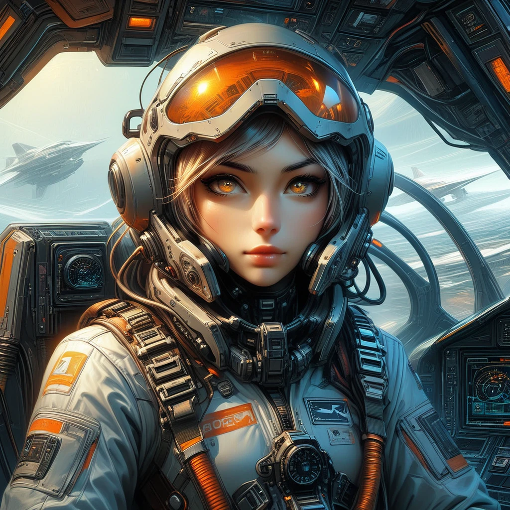 score_9, score_8_up, score_7_up, FFROA, a sci fi pilot, eyes covered by a transparent orange visor, epic sci fi armor, detailed cockpit background, semi realistic digital art