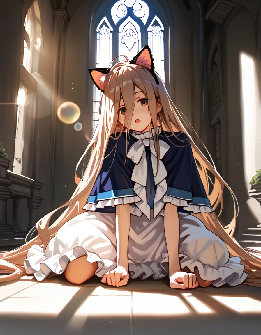 score_9, score_8_up, score_7_up,score_6_up,score_5_up,score_4_up, 1girl on the floor, fake cat ears, paw pose, open mouth, sunlight, lens flare, castle, window
<lora:sense_sousou no frieren_PONY_last:0.6> sense \(sousou no frieren\),brown eyes,very long hair,absurdly long hair,hair between eyes,eyes visible through hair, blue capelet,frilled dress,white long dress