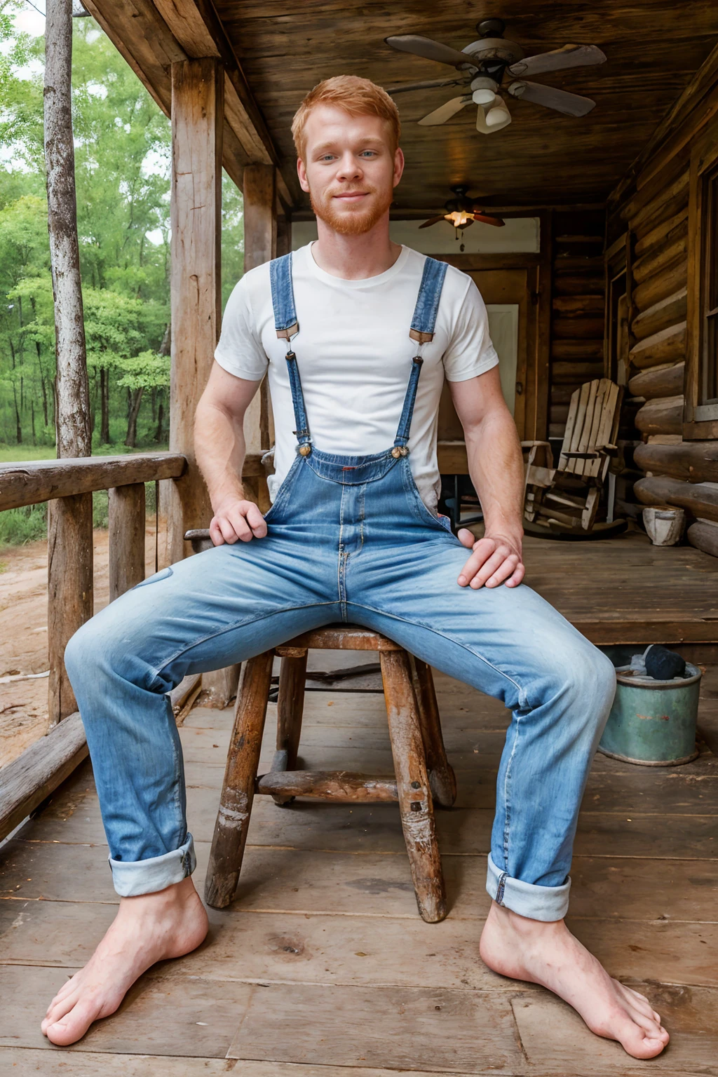 backwoods of Kentucky, ramshackle cabin, sitting in old wooden rocking chair, (front porch), slight smile, ginger hair, CalhounSawyer, (holding banjo), (wearing plain white shirt), (denim overalls), barefoot, (((full body portrait))), wide angle,  <lora:CalhounSawyer:0.8>