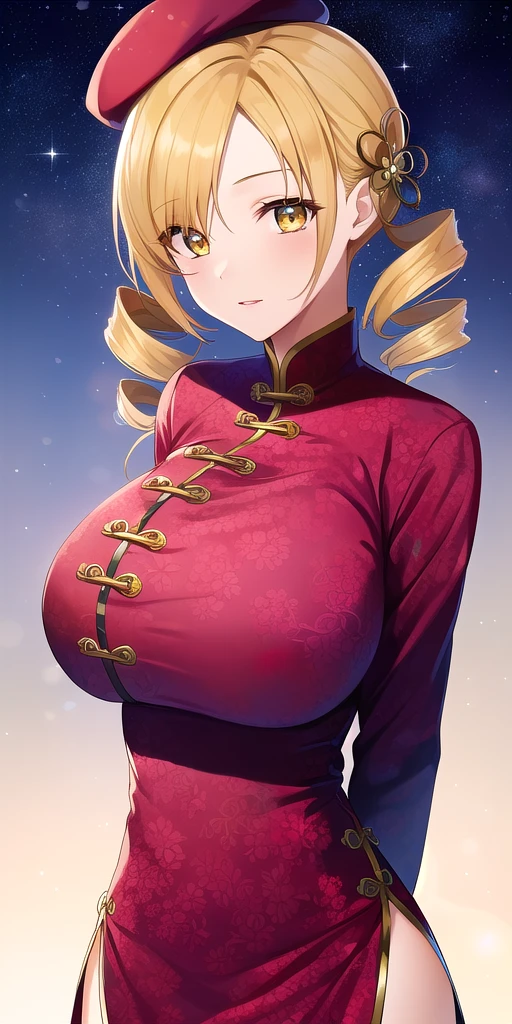 <lora:MamiTomoeV2:0.7> mamiTomoe_drill_sidelocks, huge_breasts, standing, solo, arms_behind_back, starry_sky, china_dress, black_beret_hat_feather, hair_flower_hairpin, masterpiece, best_quality, detailed_face, detailed_eyes, highres, beautiful, detailed, absurdres,