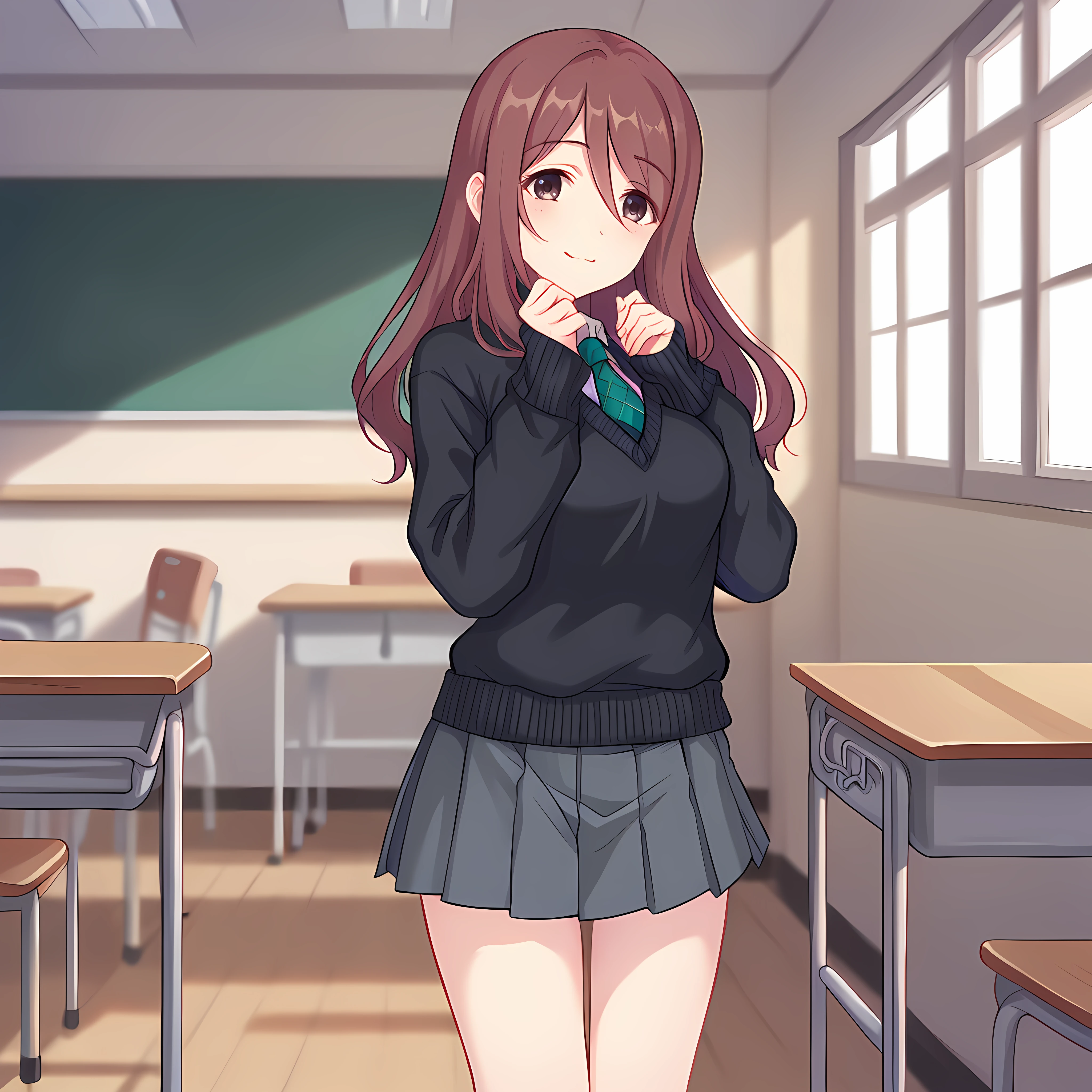 score_9,score_8_up,hd,nsfw,depth of field,indoors,

shizuru2, 1girl, solo, smile, looking at viewer, closed mouth, collared shirt, black sweater, shizuru2 necktie, grey pleated skirt, full body, long hair, hands up, brown hair, standing,