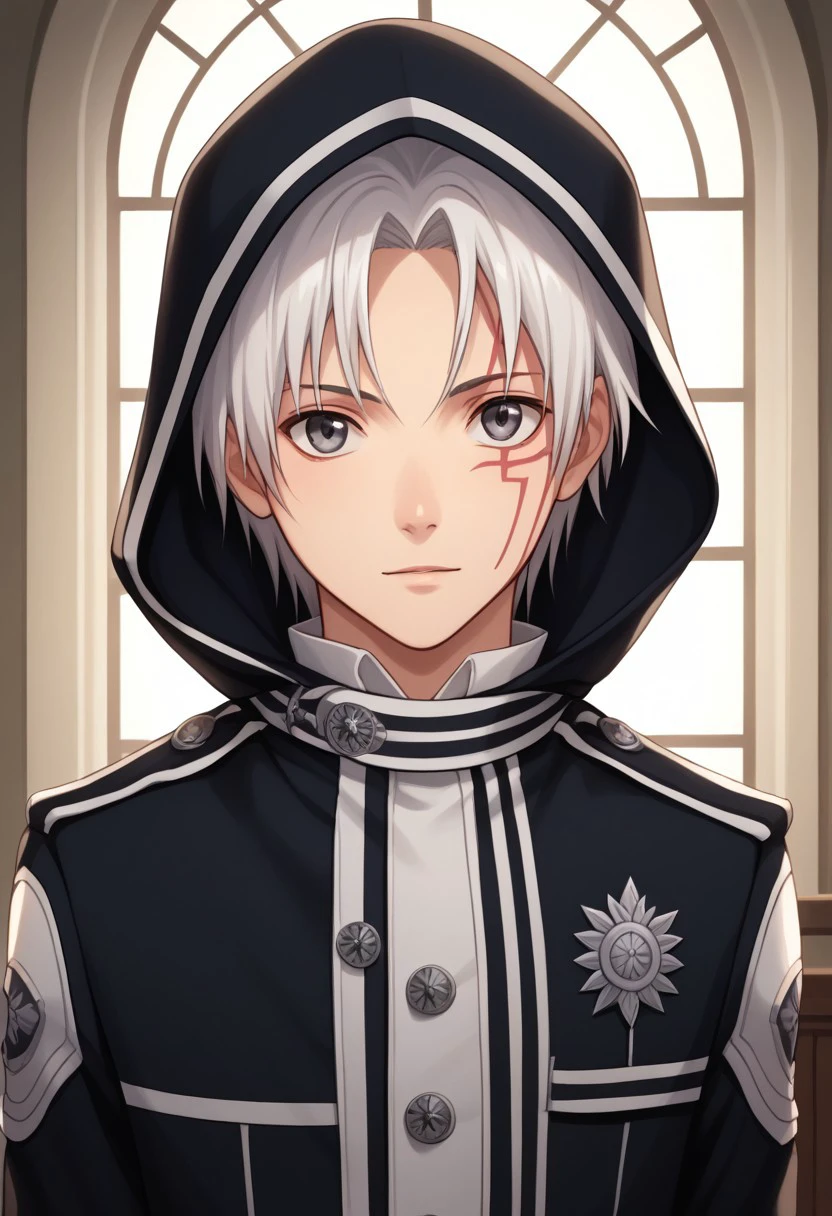 score_9, score_8_up, score_7_up, source_anime, highly detailed, 
allenwalker, solo, 1boy, male focus, looking at viewer, grey eyes, white hair, coat, long sleeves, facial mark, exorcist uniform, hood, gloves, white gloves, upper body, slender, skinny
indoor, window, curtain, plant. night