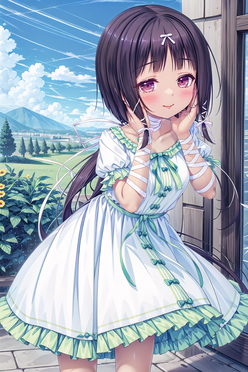 arisegawa_White_dress_Ribbon-trimmed_dress_Frilled_dress, arle, solo, looking_at_viewer, collarbone, dark_skin, dark-skinned_female, ponytail, short_hair_with_long_locks, sidelocks, purple_hair, brown_eyes, small_breasts, half-closed_eyes, blush, smile, closed_mouth, tongue_out, hair_ribbon, white_ribbon_choker, puffy_short_sleeves, bandages, white_ribbon, arm_ribbon, hands_on_own_face, hands_on_own_cheeks, standing, outdoors, <lora:Arle_V1:0.8>