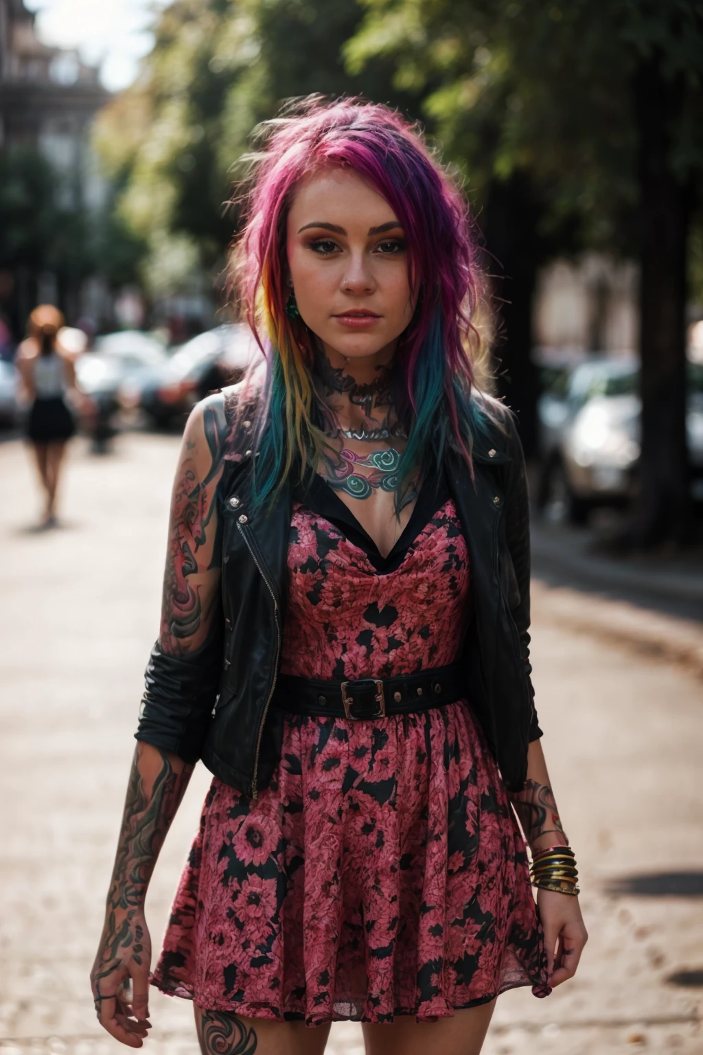 <lora:VandalVyxen:0.8>, full color portrait of a young woman, multicolored hair, tattoo, wearing a dress, in a crowded street, natural light, RAW photo, subject, 8k uhd, dslr, soft lighting, high quality, film grain, Fujifilm XT3