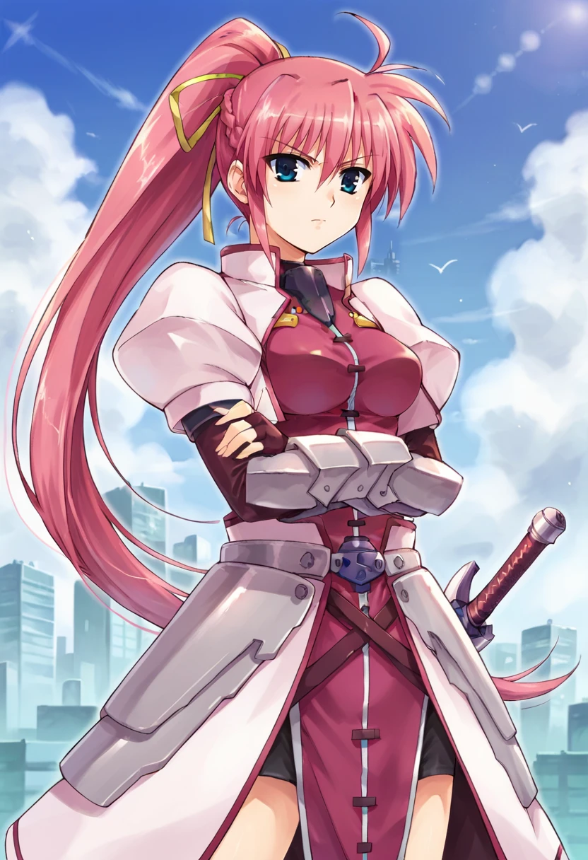 score_9,score_8_up,score_7_up,anime coloring BREAK source_anime,anime,<lora:Signum_Magical_Girl_Lyrical_Nanoha:0.8>,signum,1girl,solo,long hair,ahoge,pink hair,ribbon,hair ribbon,ponytail,blue eyes,magical girl,waist cape,gloves,gauntlet,fingerless gloves,open jacket,cropped jacket,armor,weapon,sword,standing,outdoors,cityscape,crossed_arms,