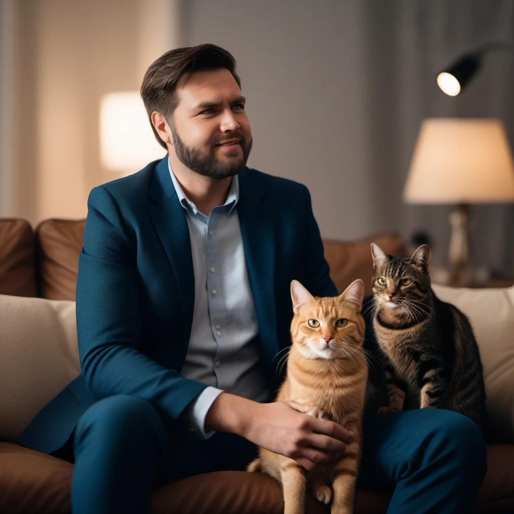 cinematic photo a man, facial hair, sits on a couch with cats <lora:Vance1024_r1:0.8> . 35mm photograph, film, bokeh, professional, 4k, highly detailed