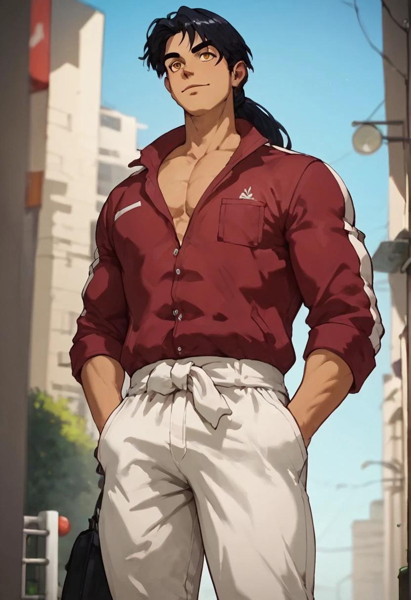 zPDXL2, score_9, score_8_up, score_7_up, 1boy, solo, male focus, tonyeagle_ts!, amber eyes, black hair, ponytail, muscular male,, modern urban street, city background, long sleeves, jumpsuit, pectorals cleavage, hands in pocket, look at the viewer, depth of field