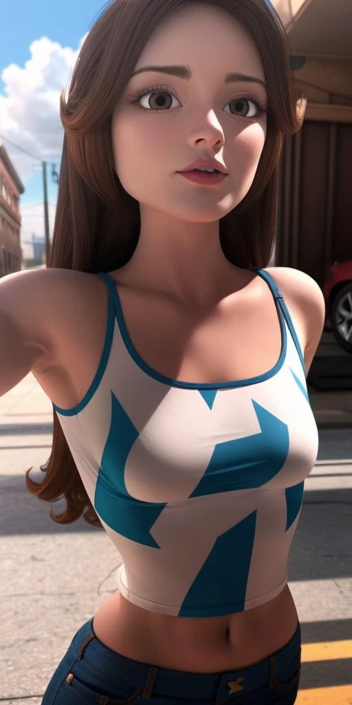 Hyperrealistic, photorealistic, super detailed, colored T-shirt, purple jeans, waist-length wavy brown hair that is split on both sides, brilliant amaranth lipstick, brown eyes, body like in real life, large pores, fair-skinned, beautiful arms, little breasts, unreal engine, octane render, droped shadow, bokeh, cinematic lighting, <lora:add_detail:0.5>, <lora:Volumetric_lighting:0.6>,, <lora:e4743ff2-7ed6-4728-b033-3bc83cb997a4:0.7>